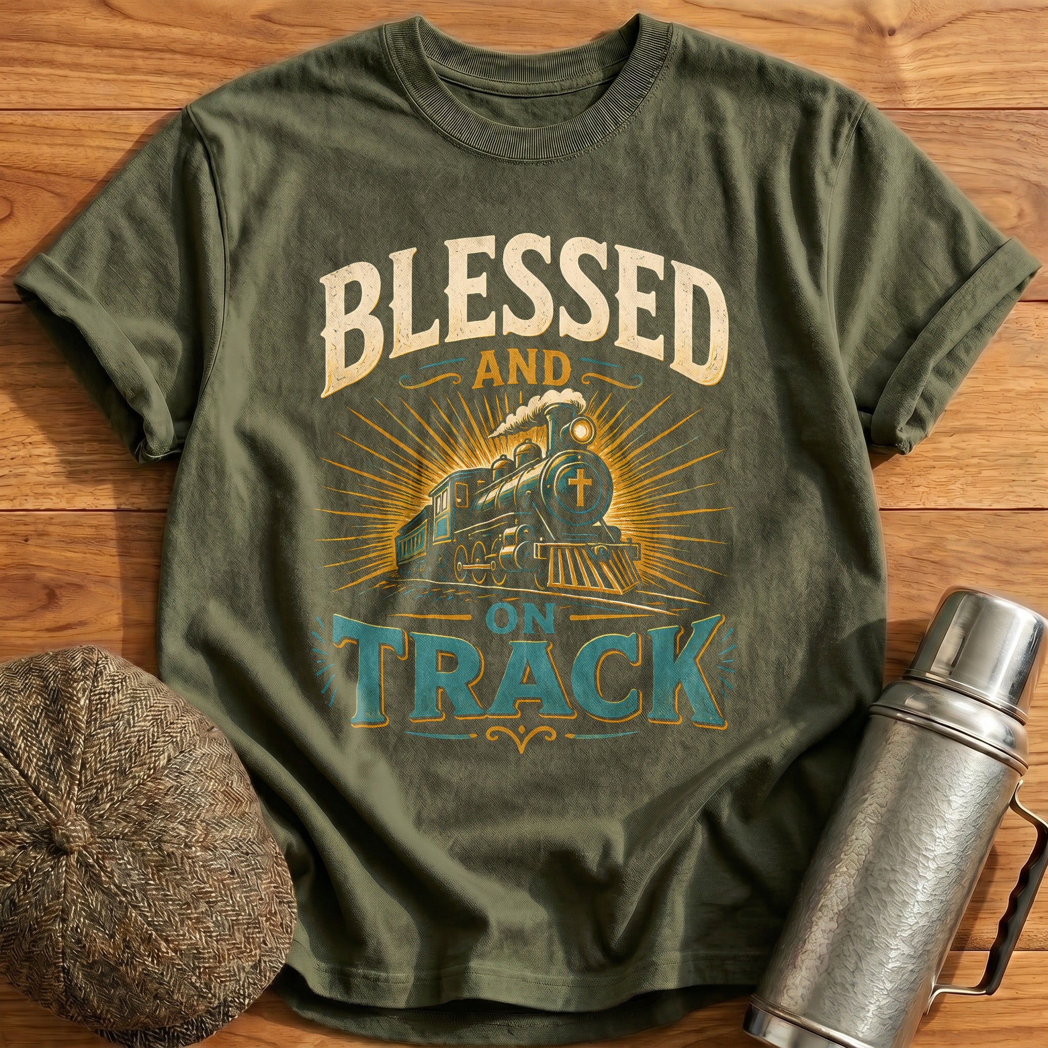 Blessed And On Track Train Christian Faith - Military Green
