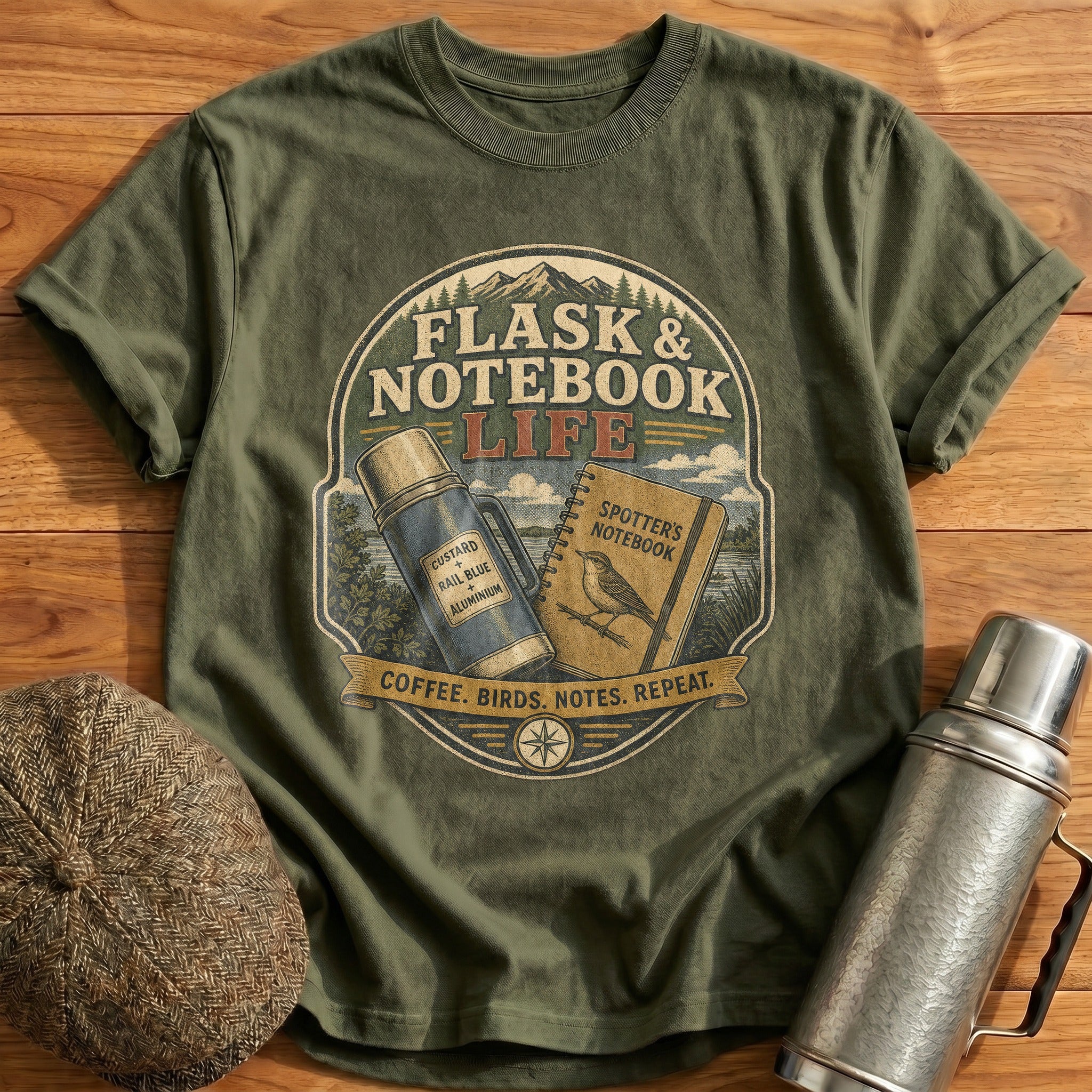 Coffee, Birds, Notes, Repeat T-Shirt - Military Green