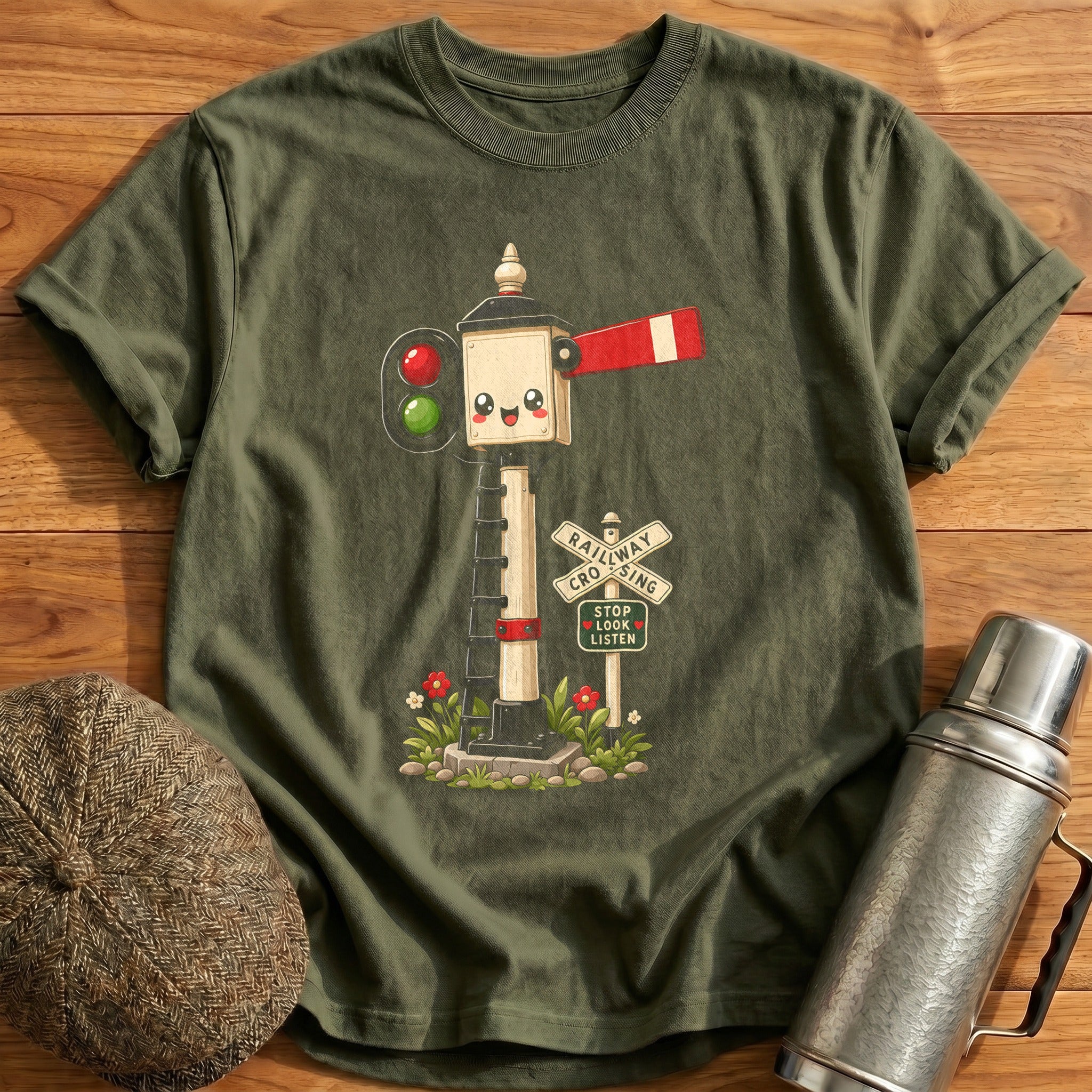 Cute Railway Signal Stop Look Listen Train - Military Green