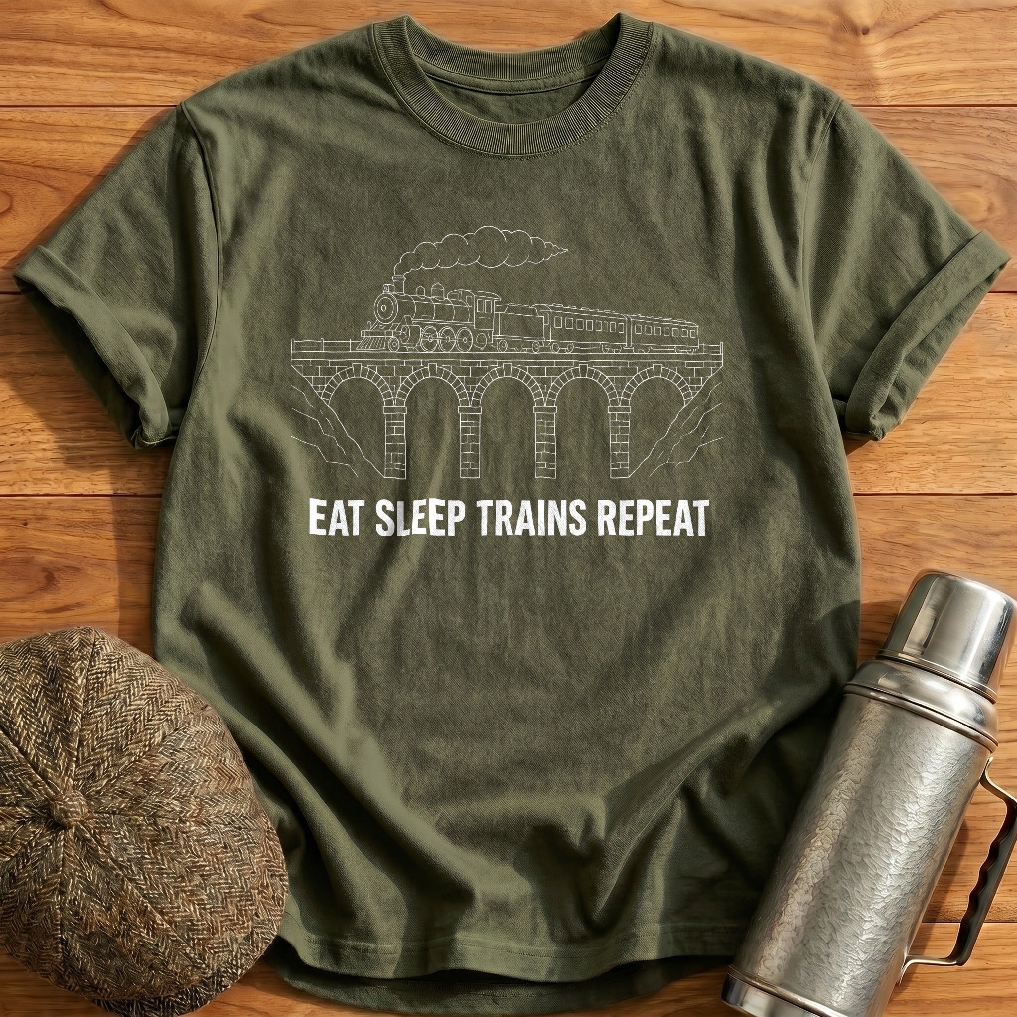 Eat Sleep Trains Repeat 58 T-Shirt - Military Green