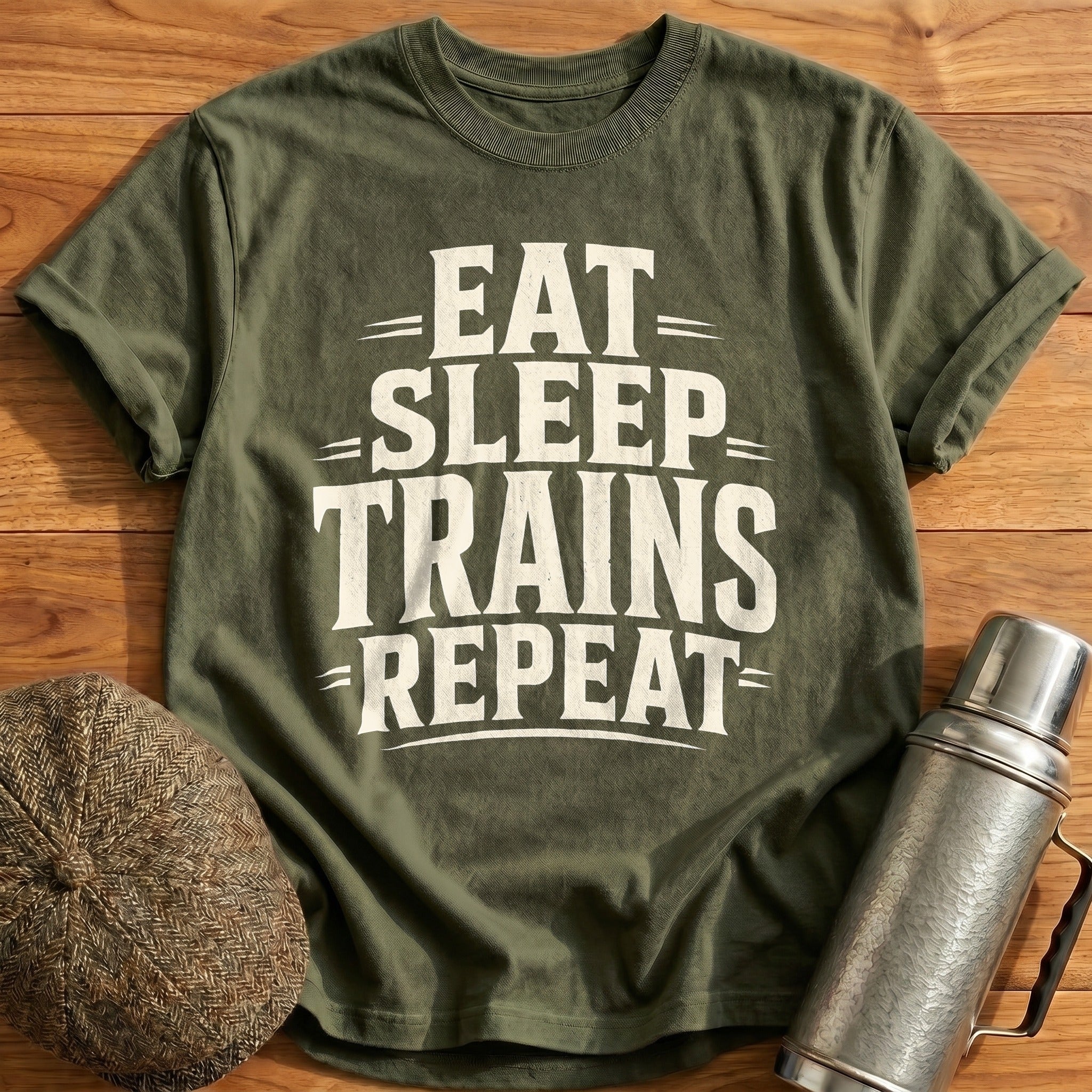 Eat Sleep Trains Repeat Train Enthusiast - Military Green