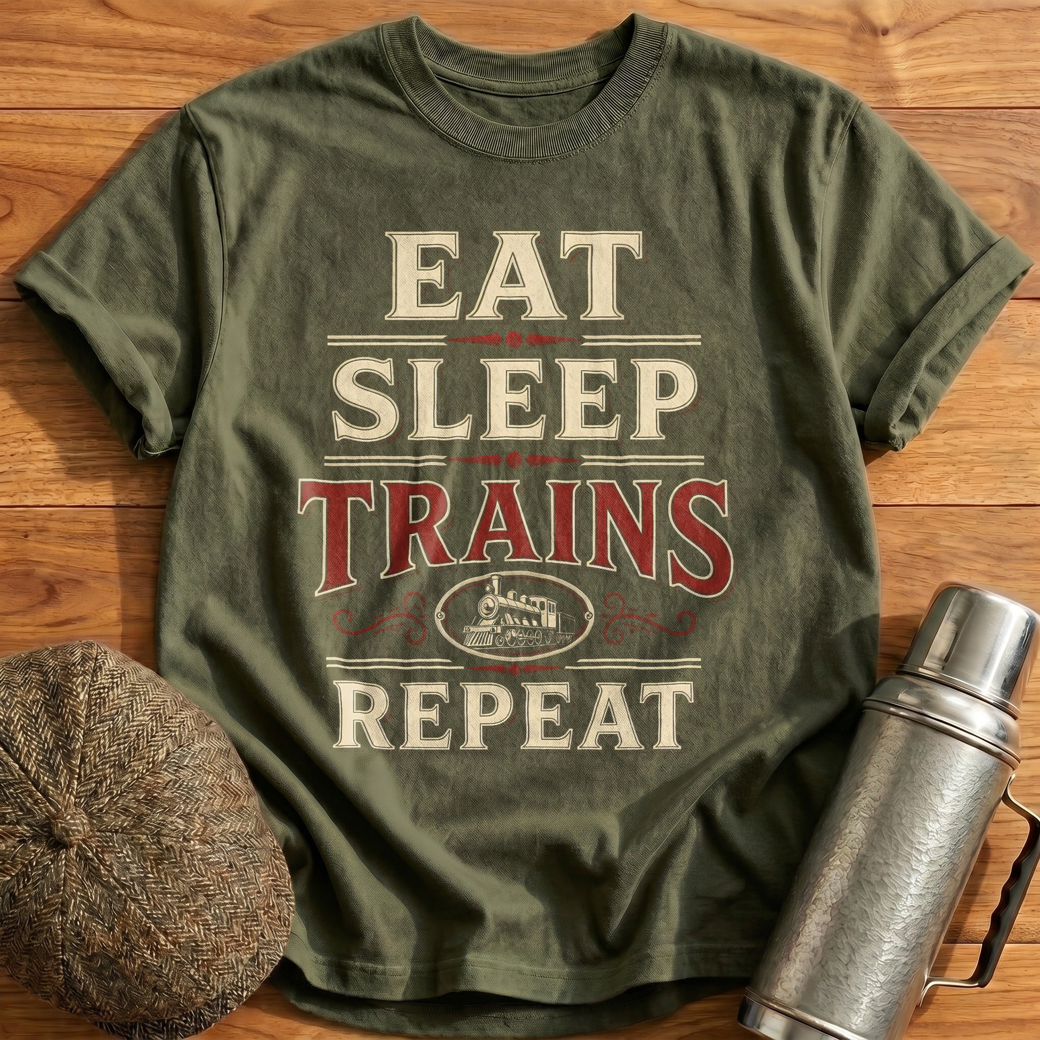 Eat Sleep Trains Repeat Train Enthusiast Vintage - Military Green