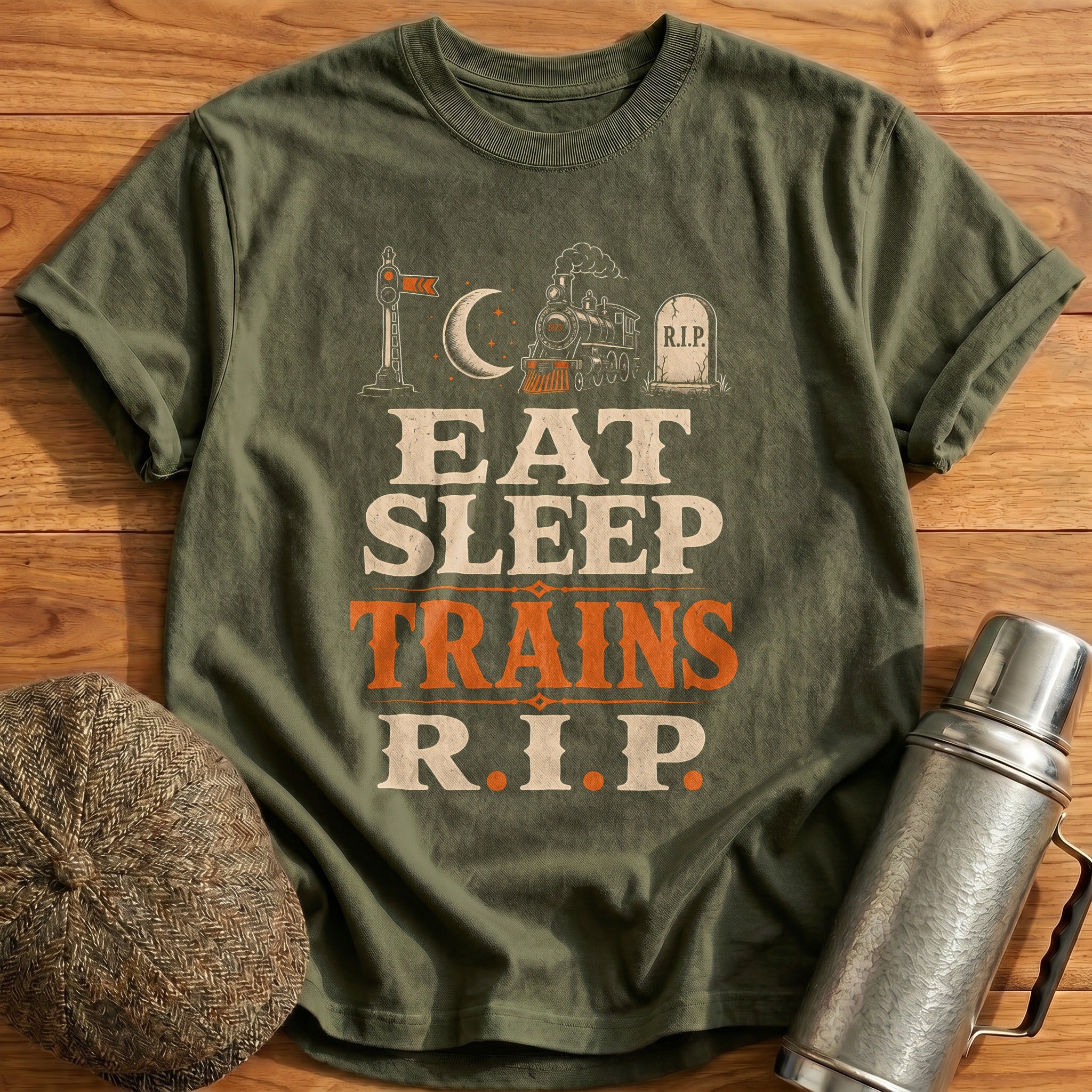 Eat Sleep Trains Rip T-Shirt - Military Green