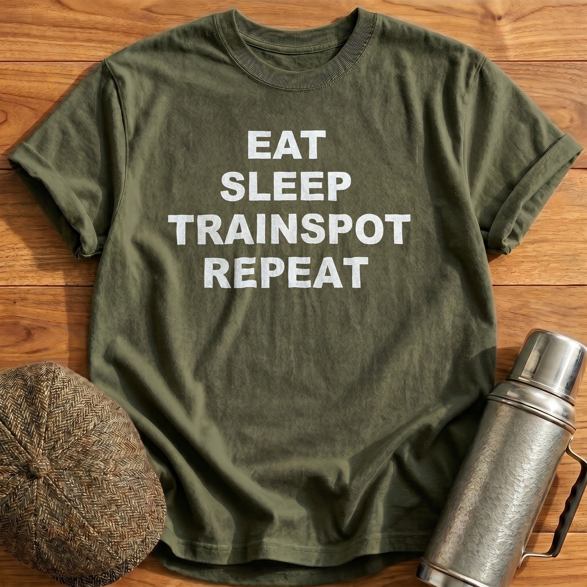 Eat Sleep Trainspot Repeat T-Shirt - Military Green