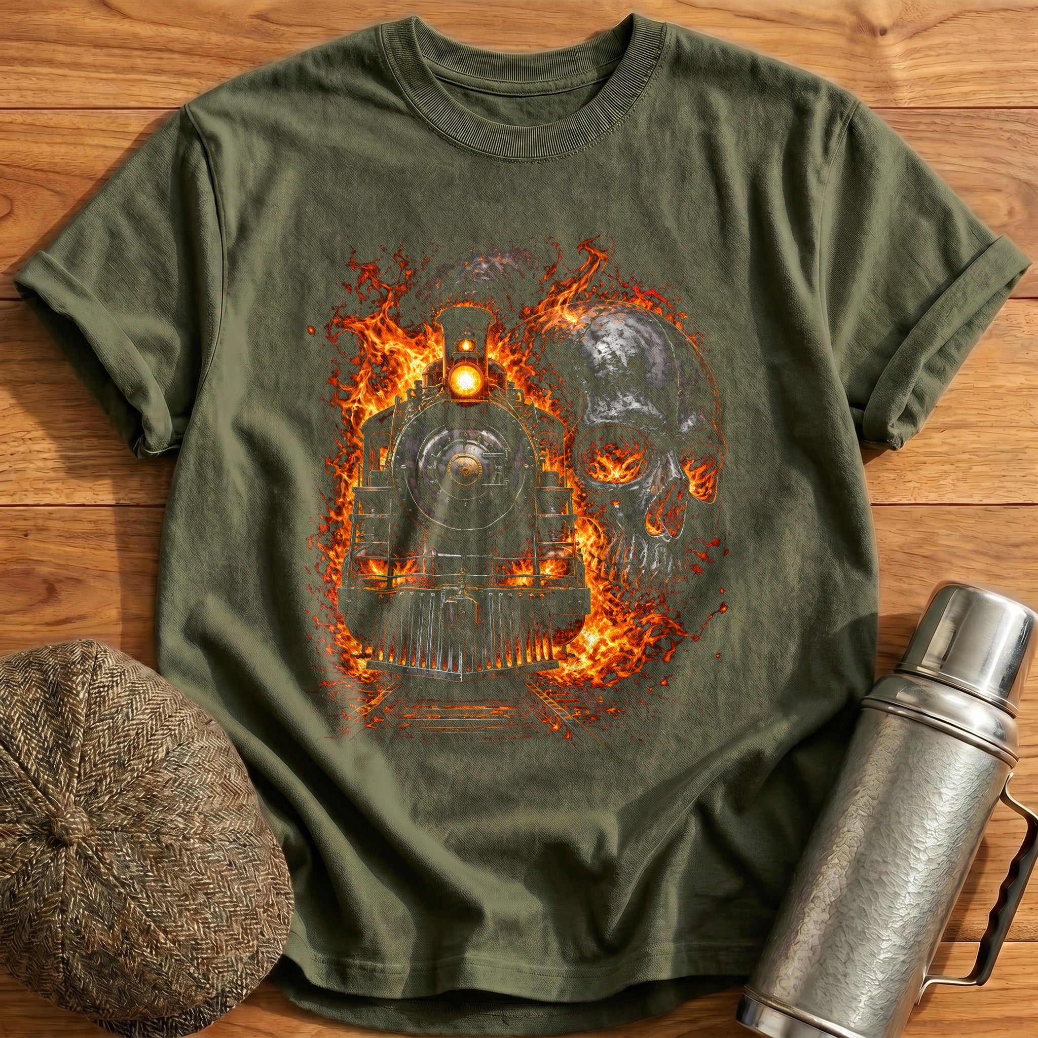 Flaming Steam Skull 32 - Military Green
