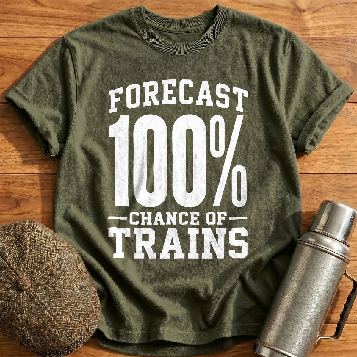 Forecast 100 Percent Chance Of Trains 35 T-Shirt - Military Green