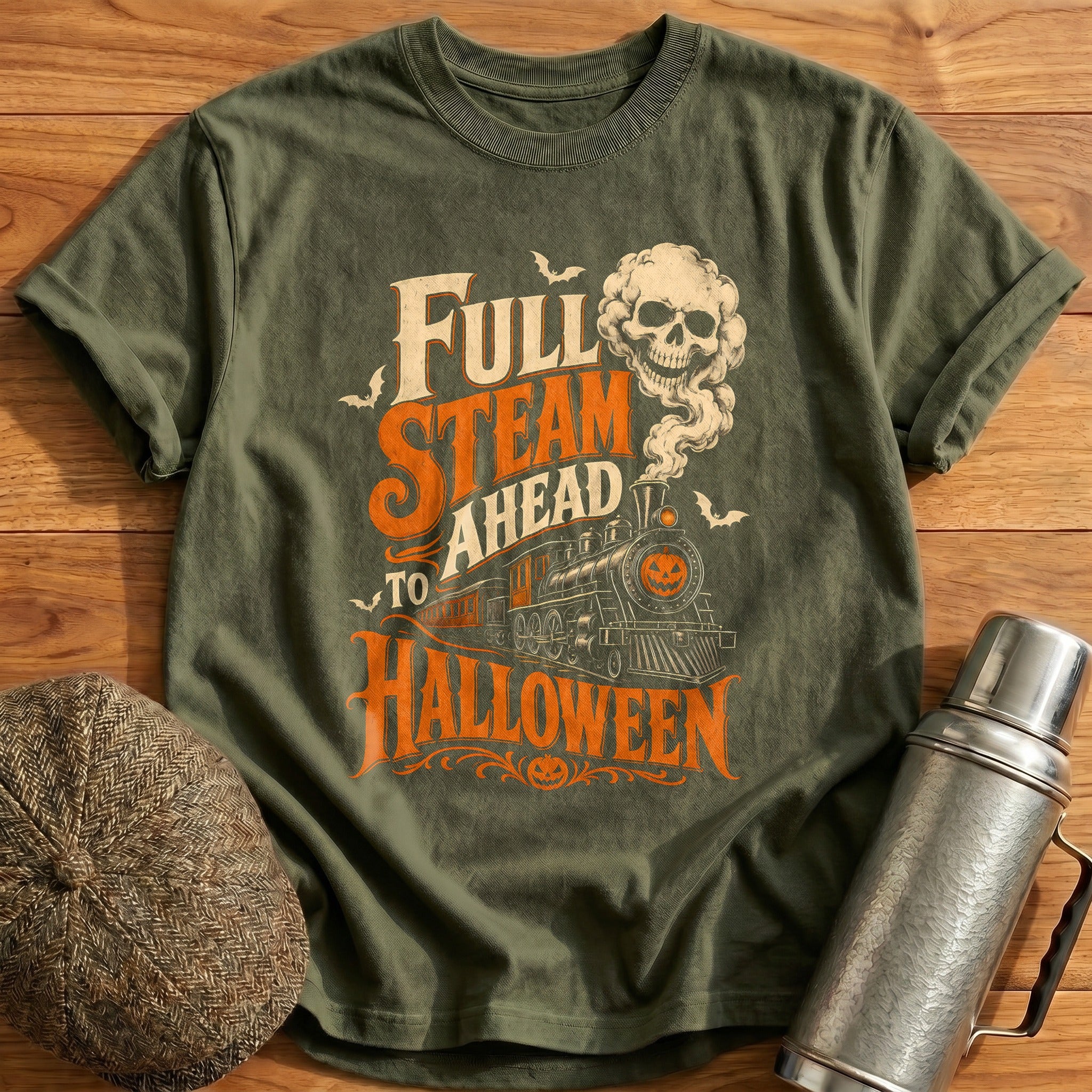 Full Steam Ahead To Halloween T-Shirt - Military Green