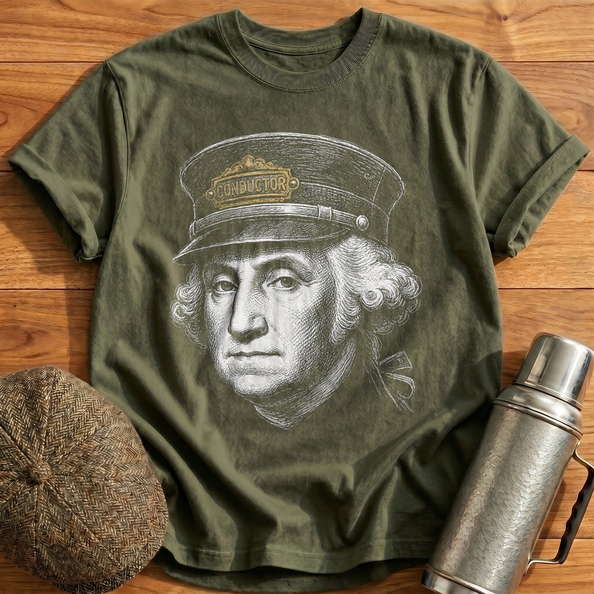 George Washington Conductor Faded Gold Sketch T-Shirt - Military Green