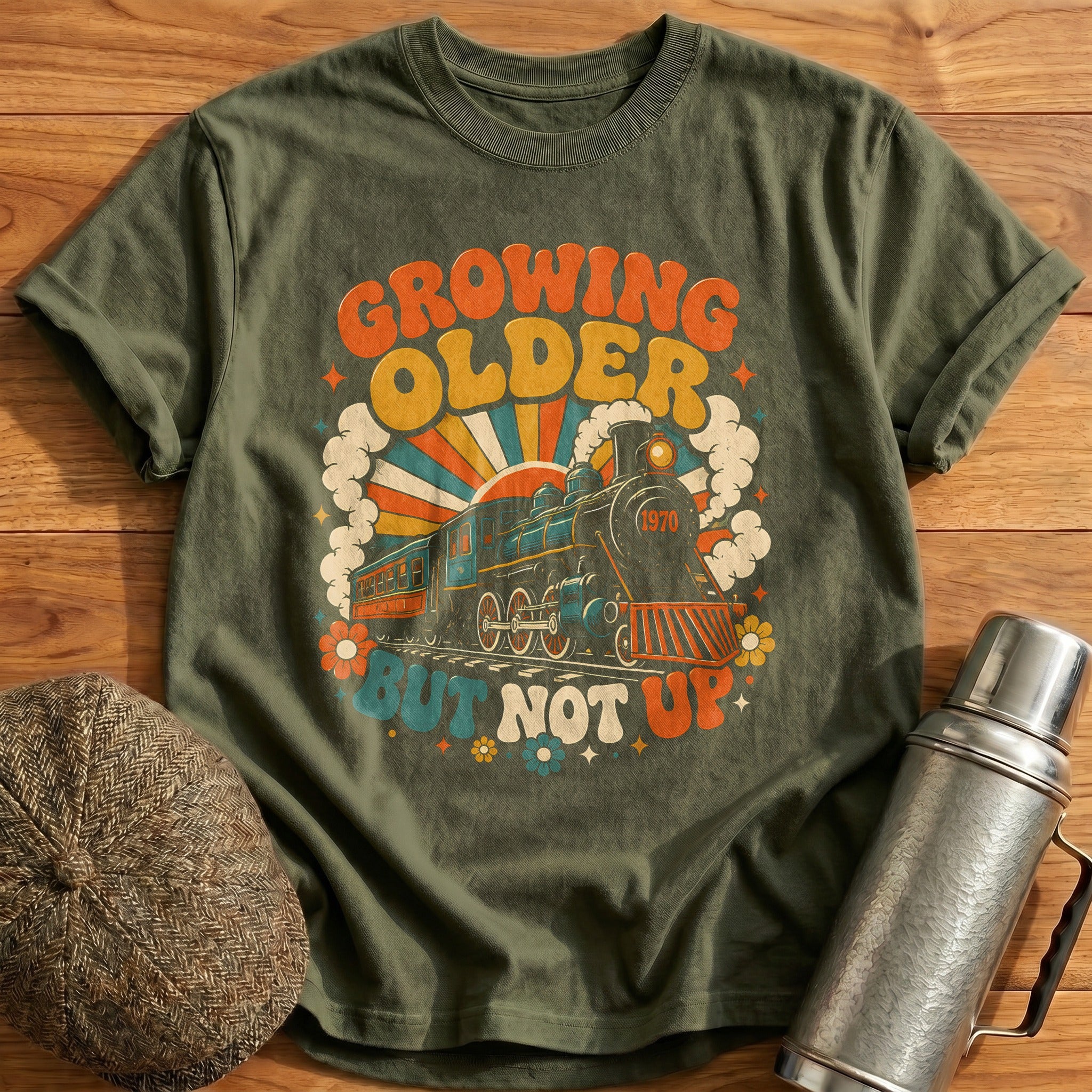 Growing Older But Not Up Vintage Train - Military Green