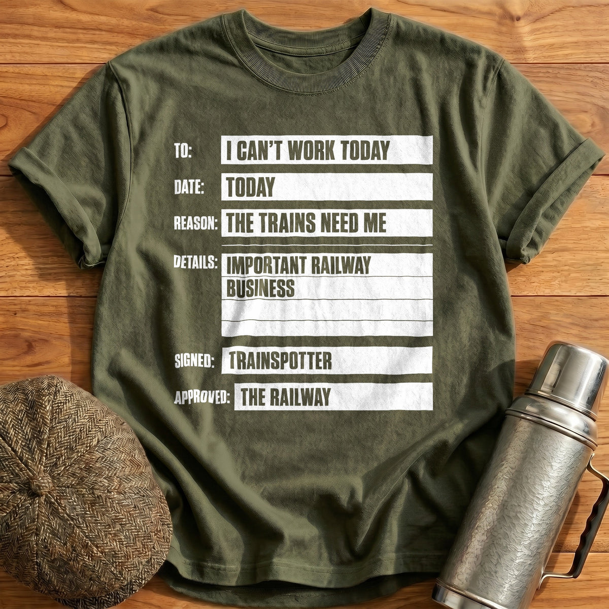 I Can't Work Today The Trains Need Me 70 T-Shirt - Military Green