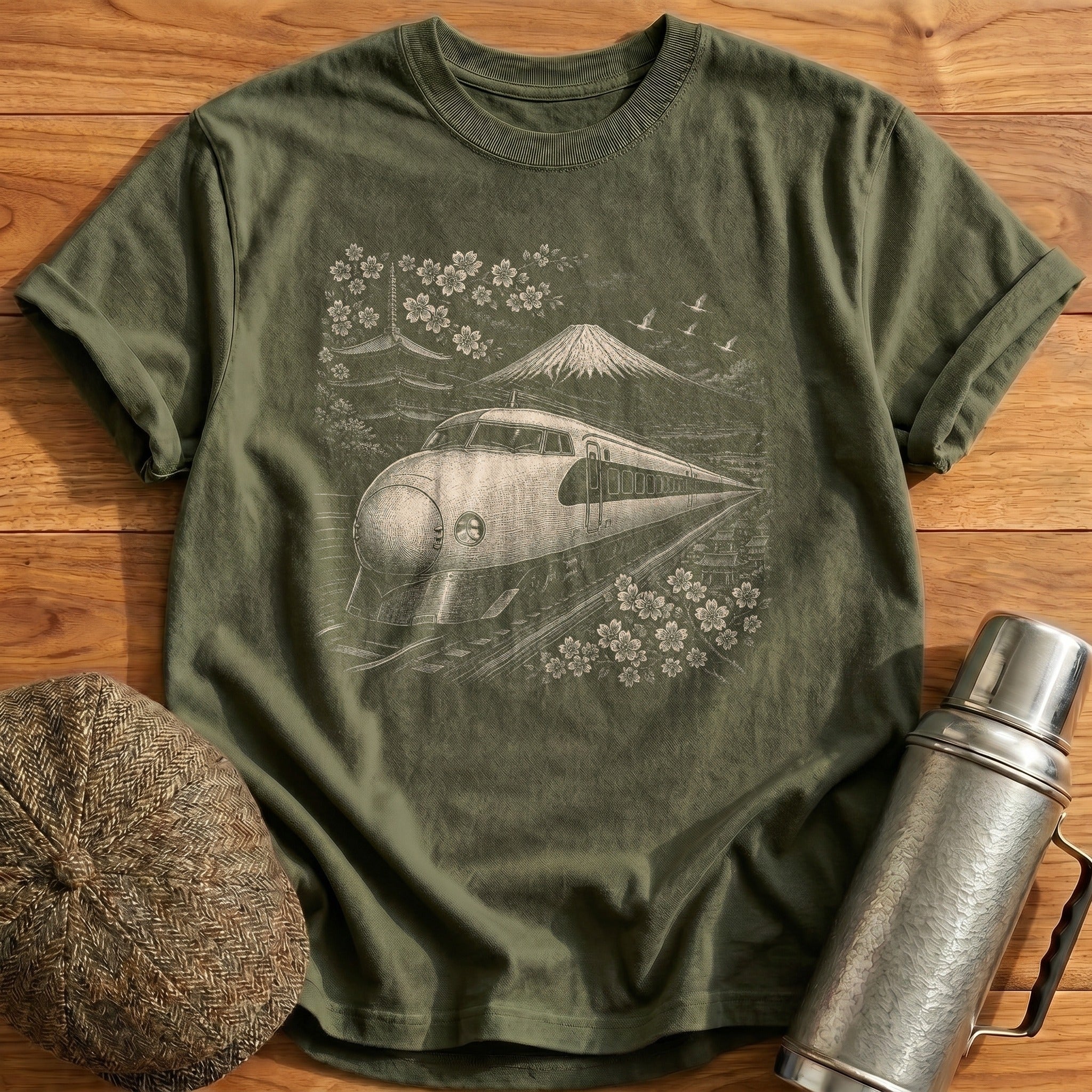 Japanese Shinkansen Bullet Train T-Shirt - Military Green