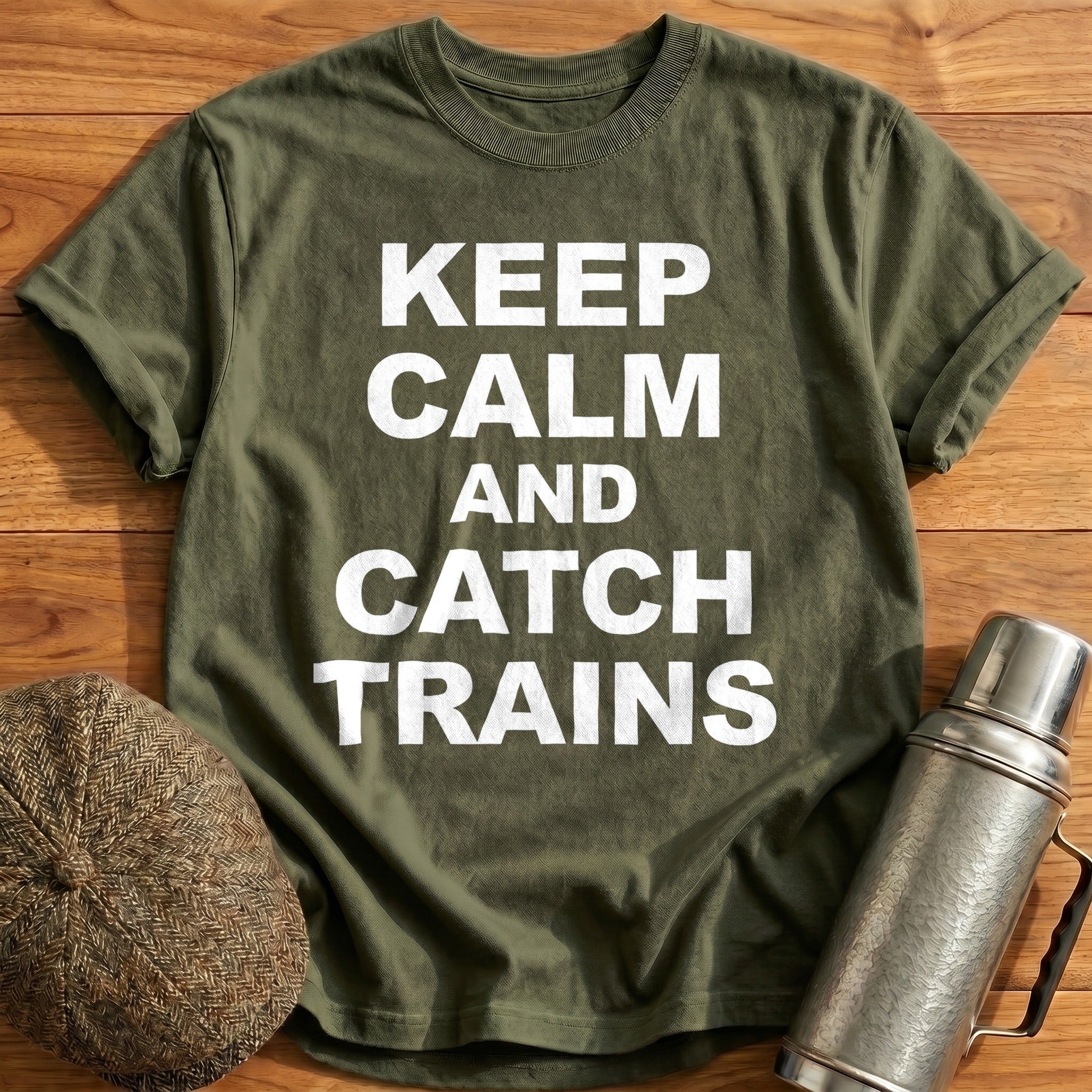 Keep Calm And Catch Trains T-Shirt - Military Green