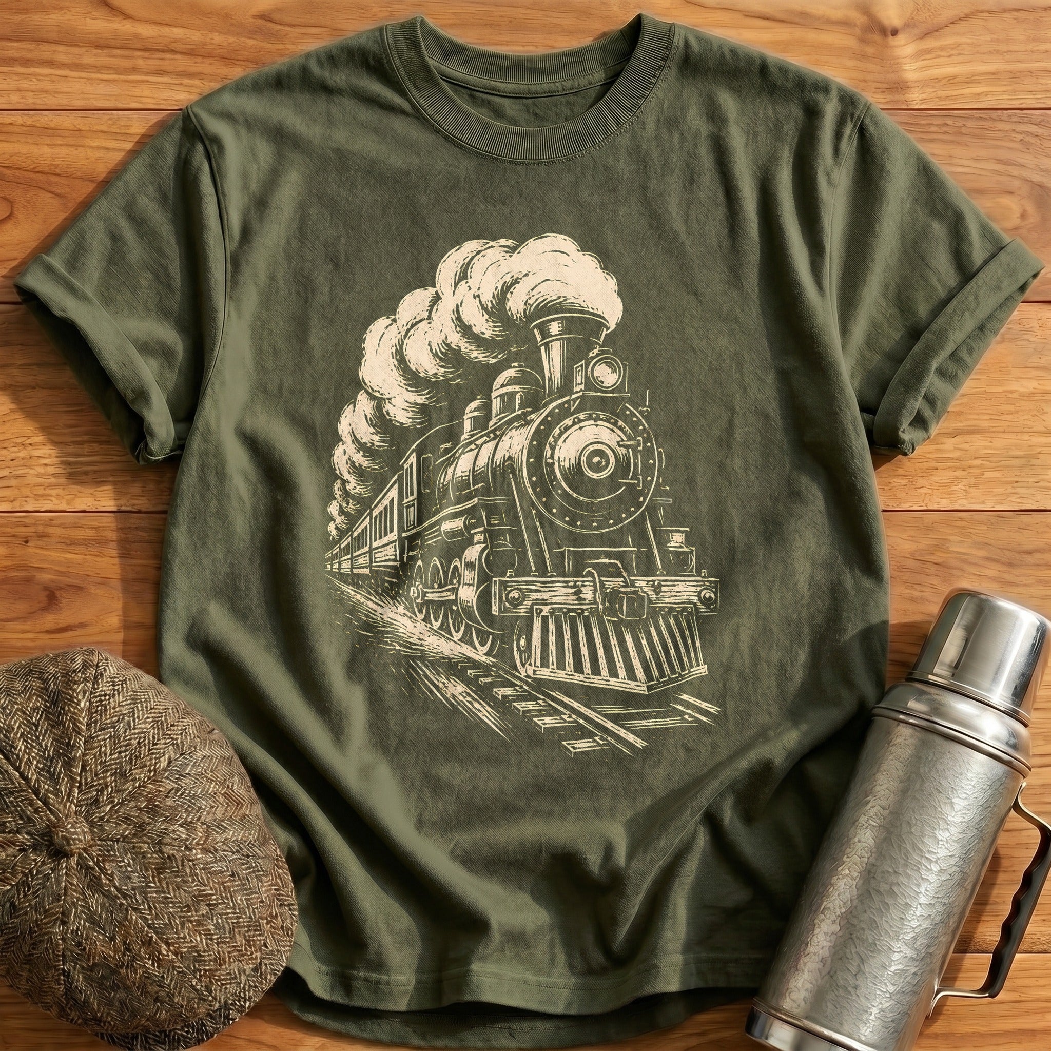 Linocut Steam 18 T-Shirt - Military Green