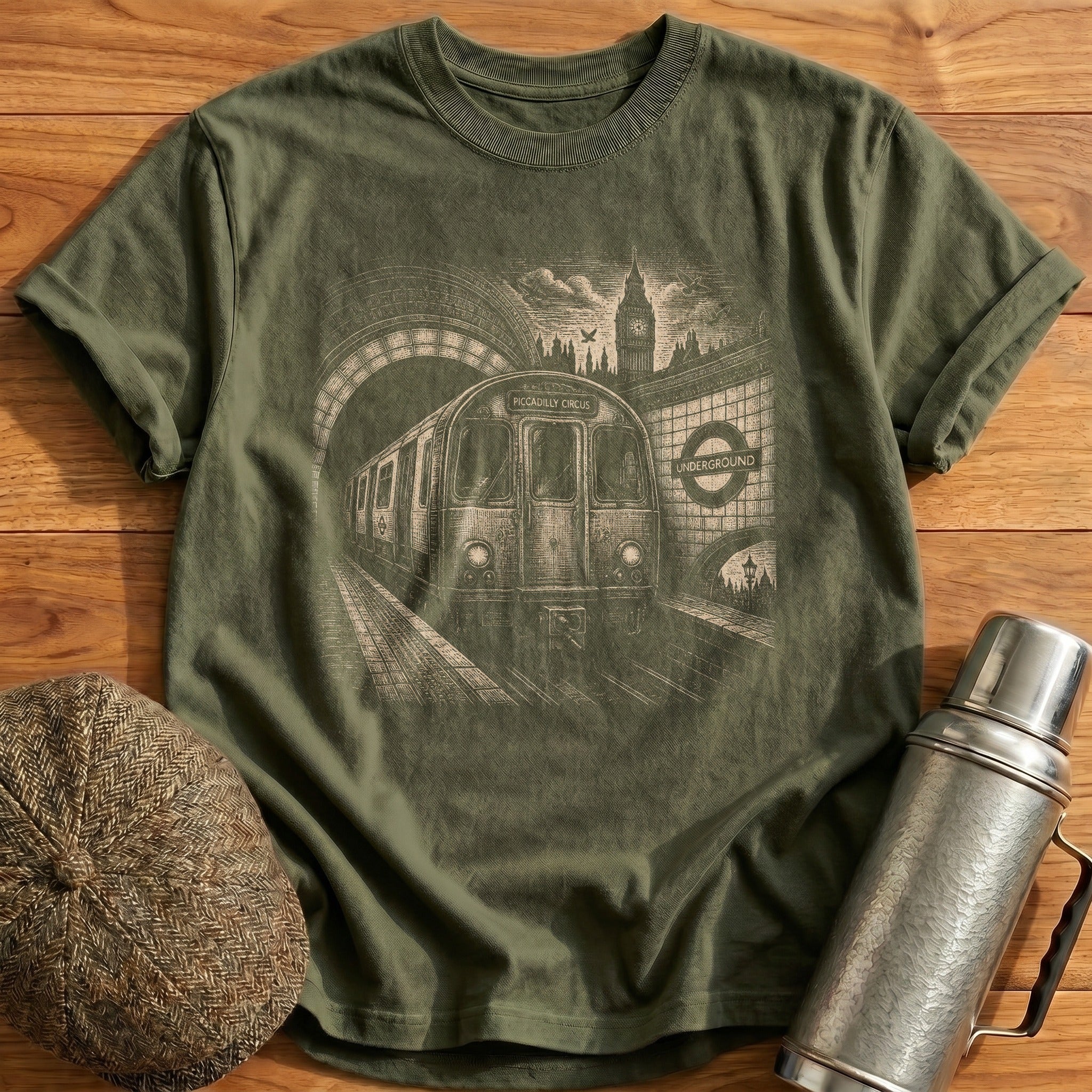 London Underground Tube Train T-Shirt - Military Green