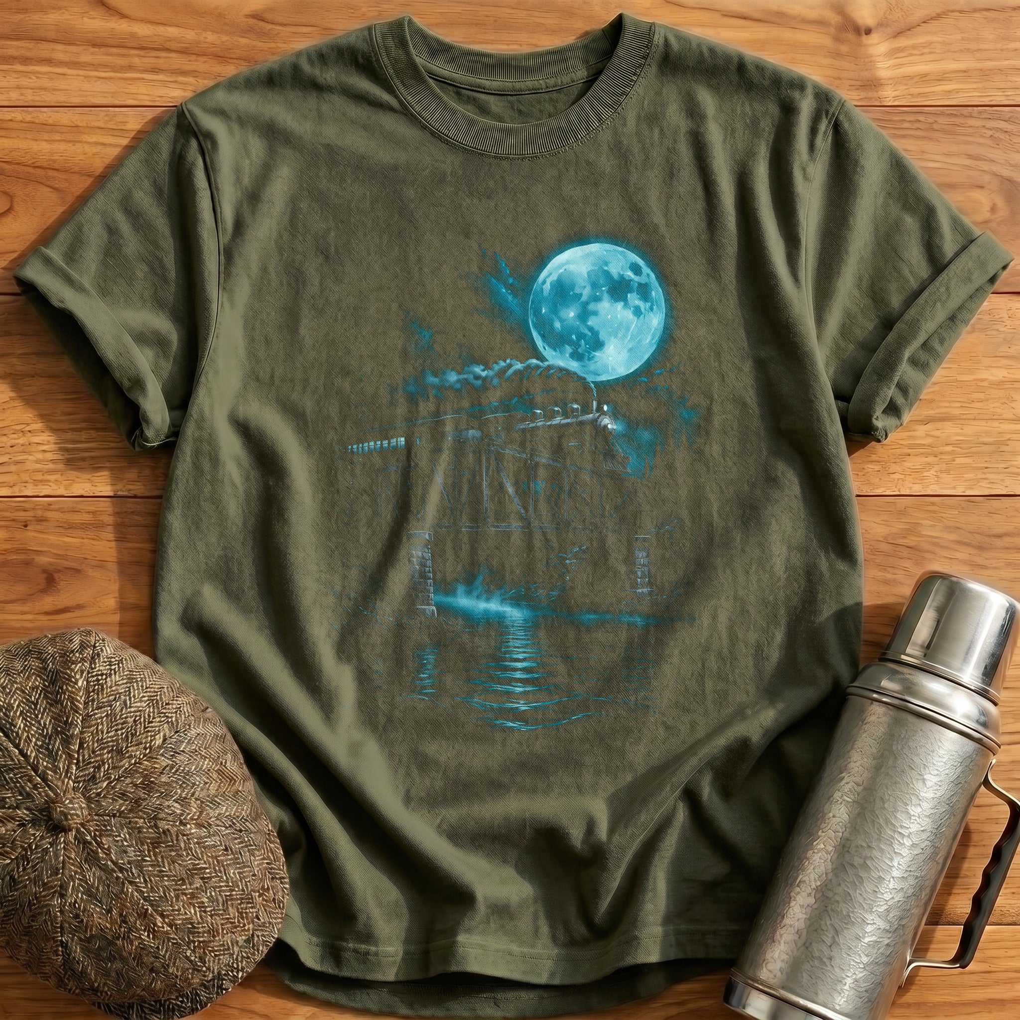 Midnight Train Bridge Moon - Military Green