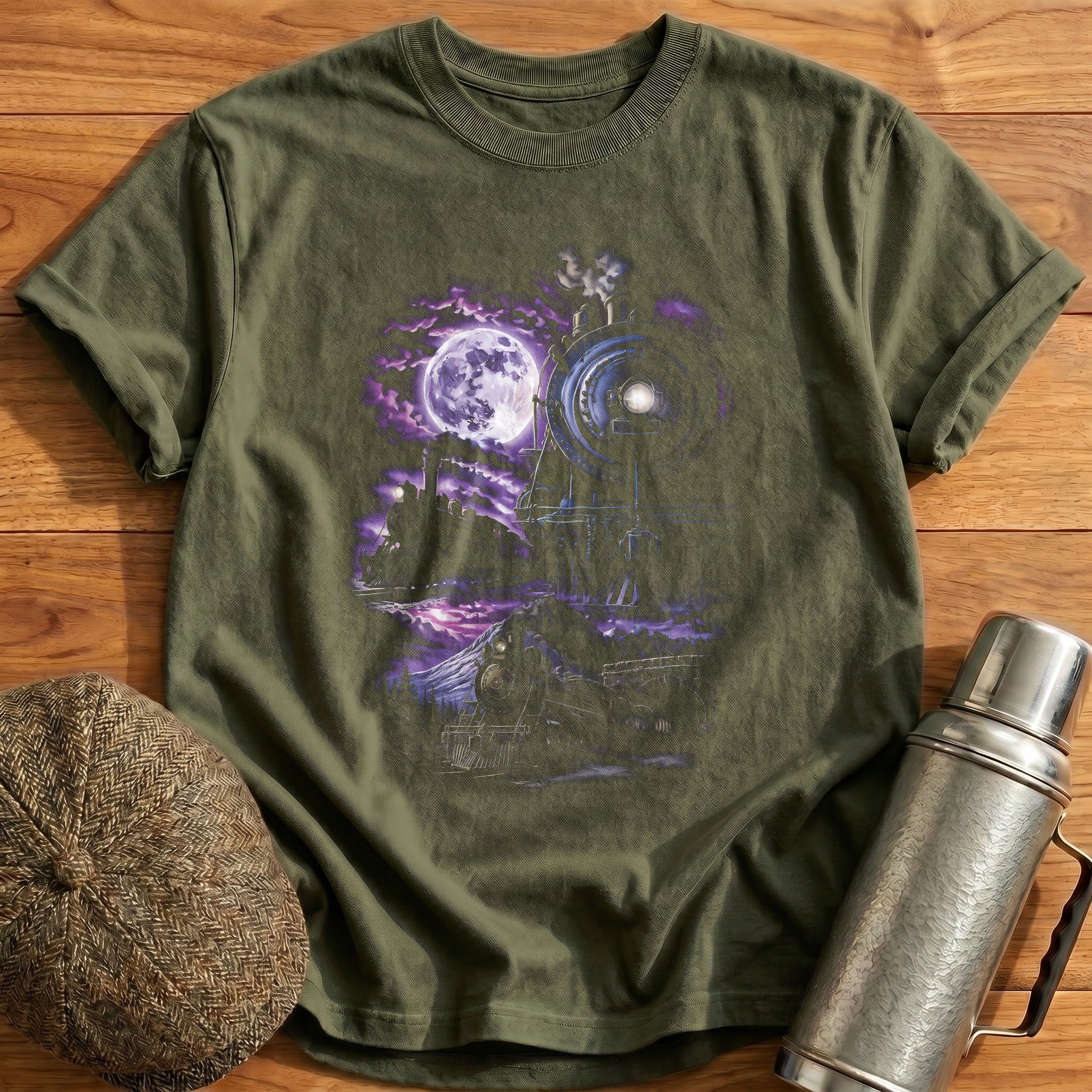 Moonlit Steam Trains Railway Enthusiast - Military Green
