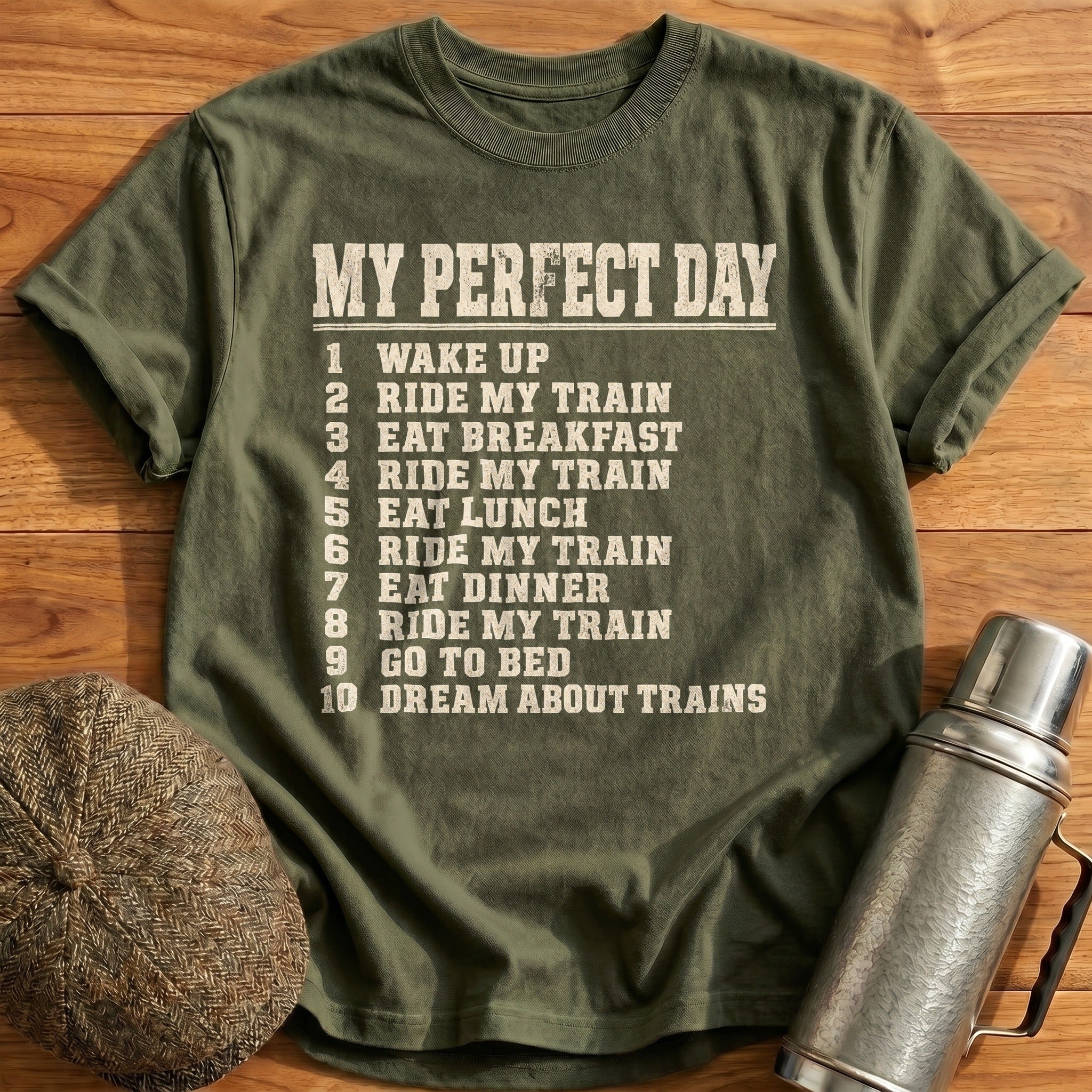My Perfect Day Train T-Shirt - Military Green