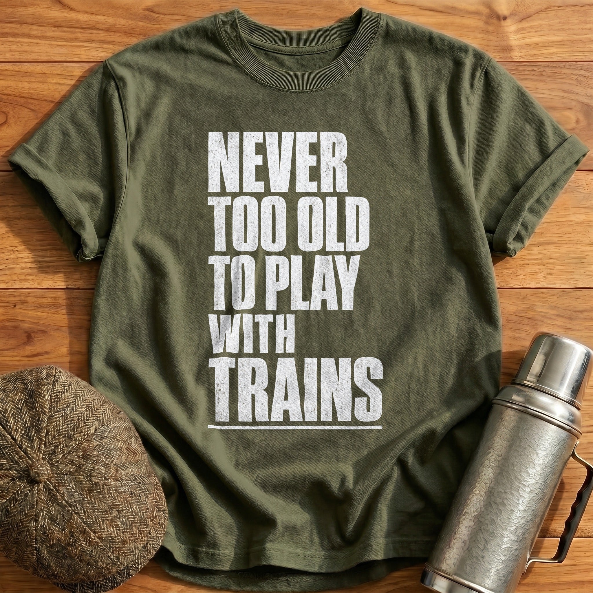 Never Too Old To Play With Trains Blocky 1 T-Shirt - Military Green