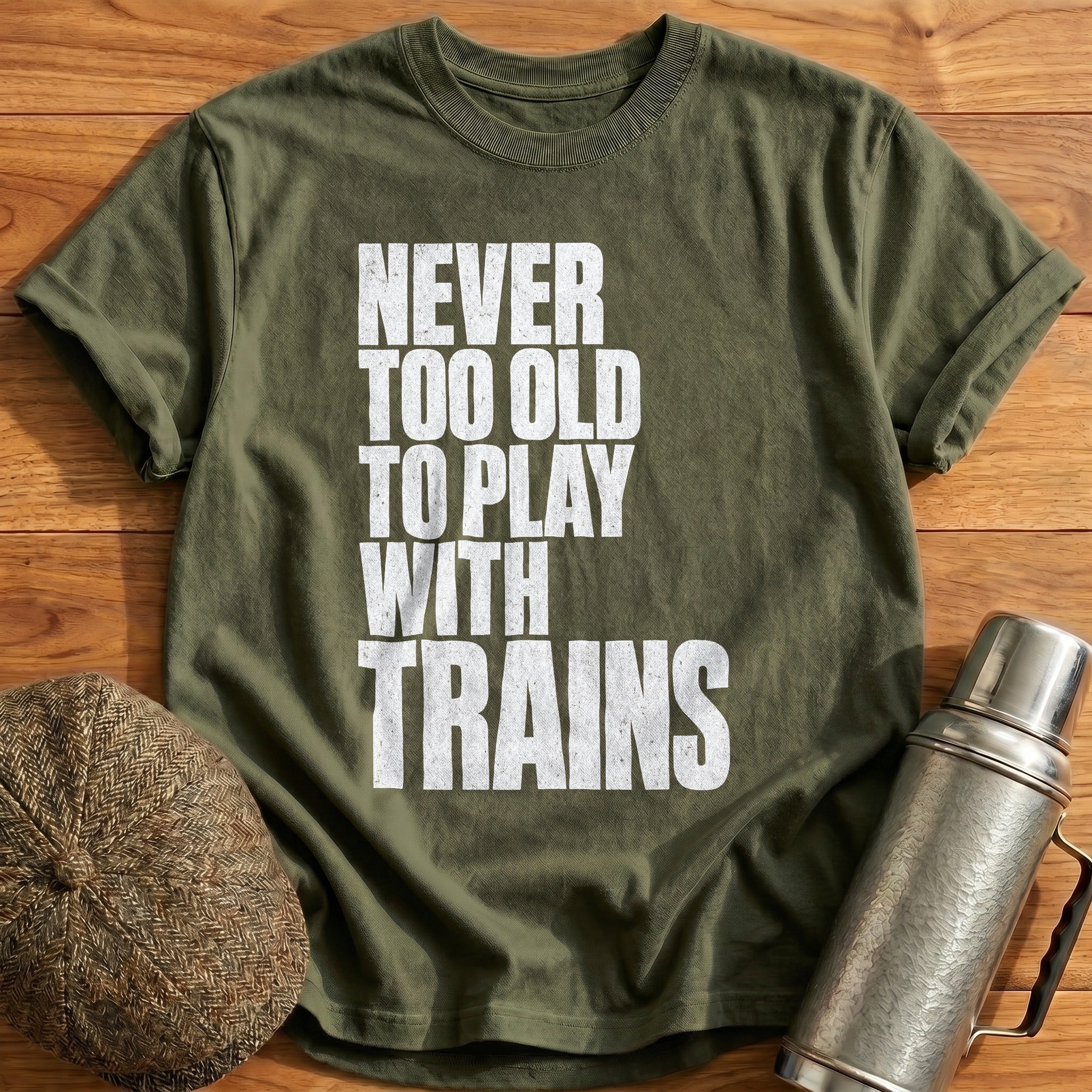 Never Too Old To Play With Trains Blocky 2 T-Shirt - Military Green