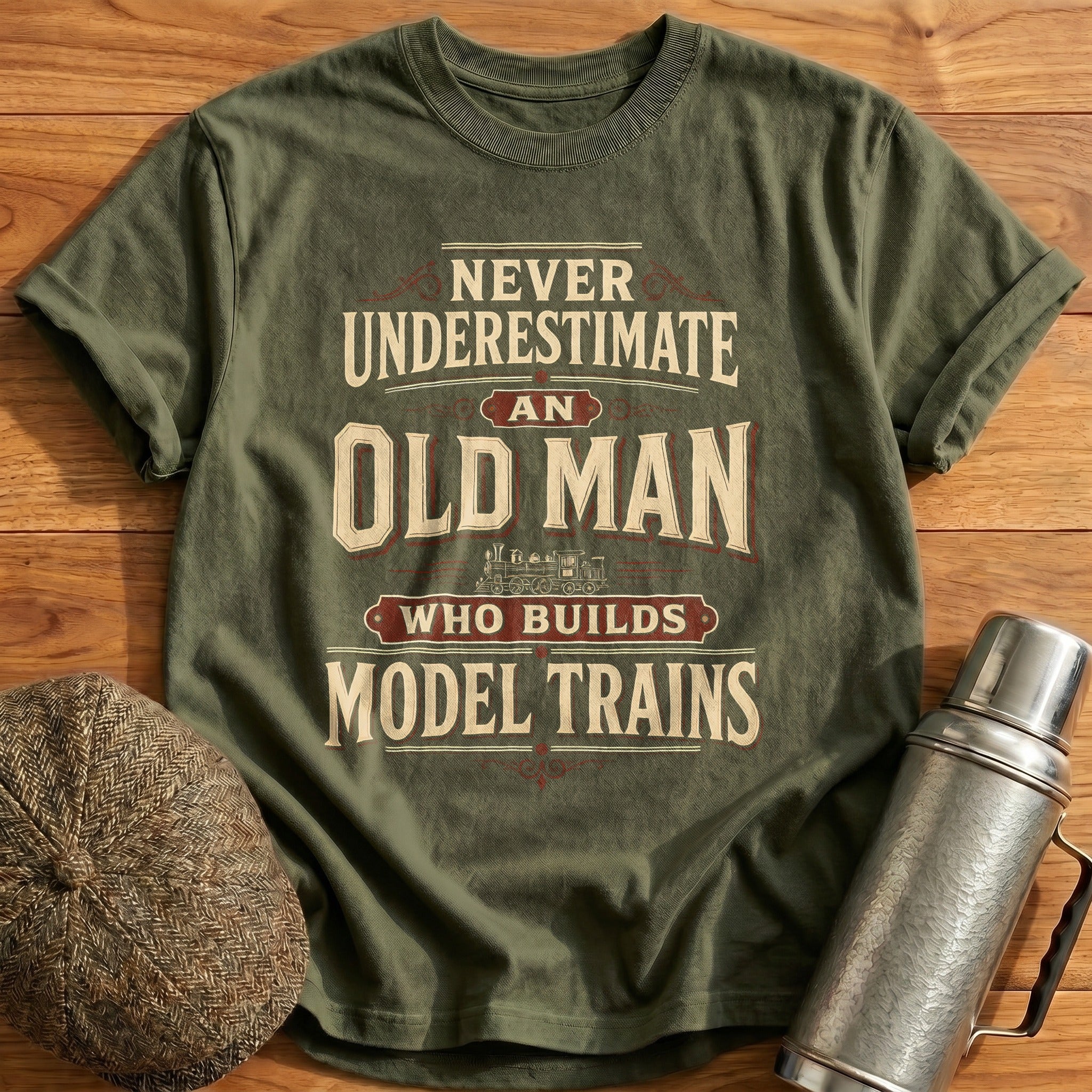 Never Underestimate An Old Man Who Builds Model Trains - Military Green