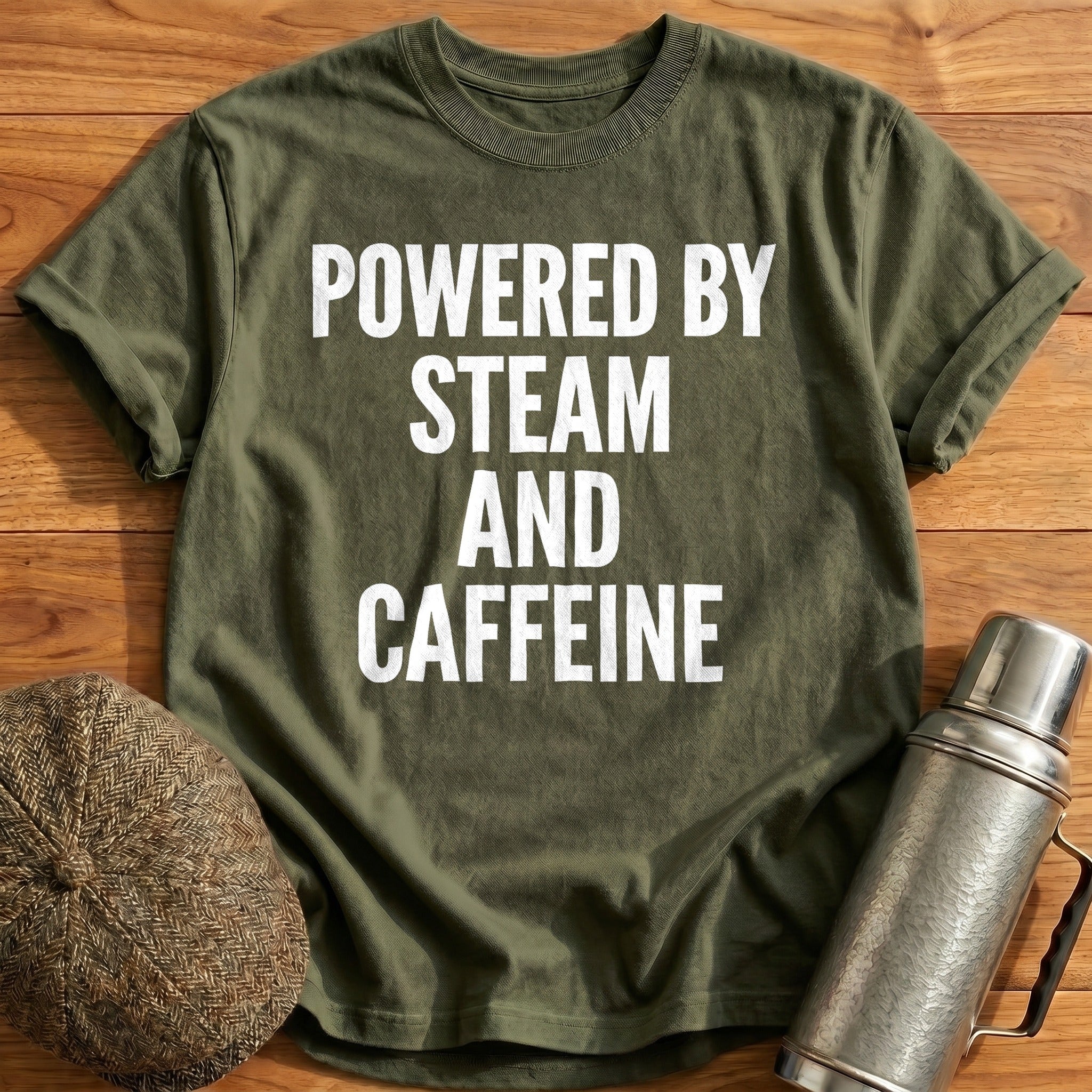 Powered By Steam And Caffeine T-Shirt - Military Green