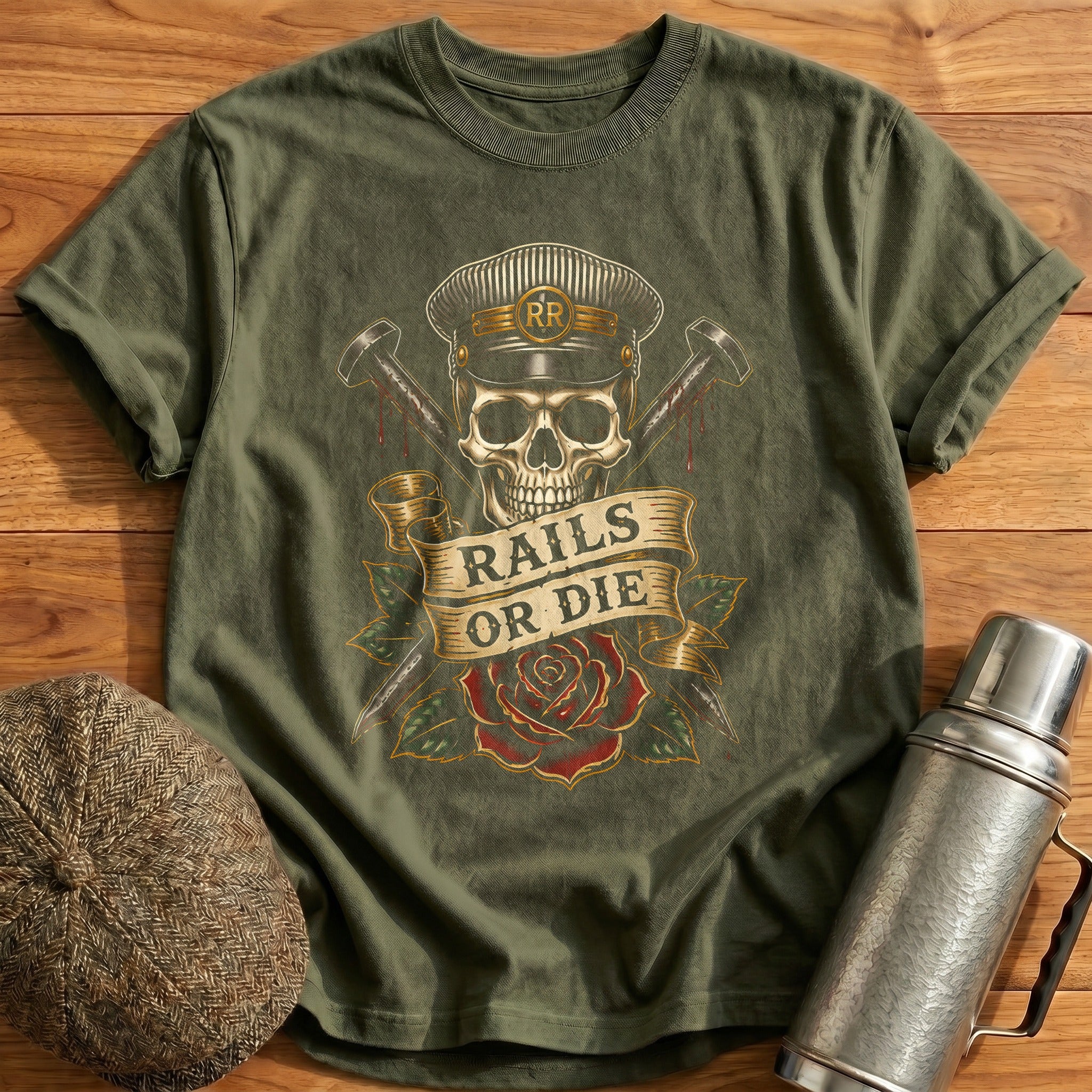 Rails Or Die T-Shirt - Military Green