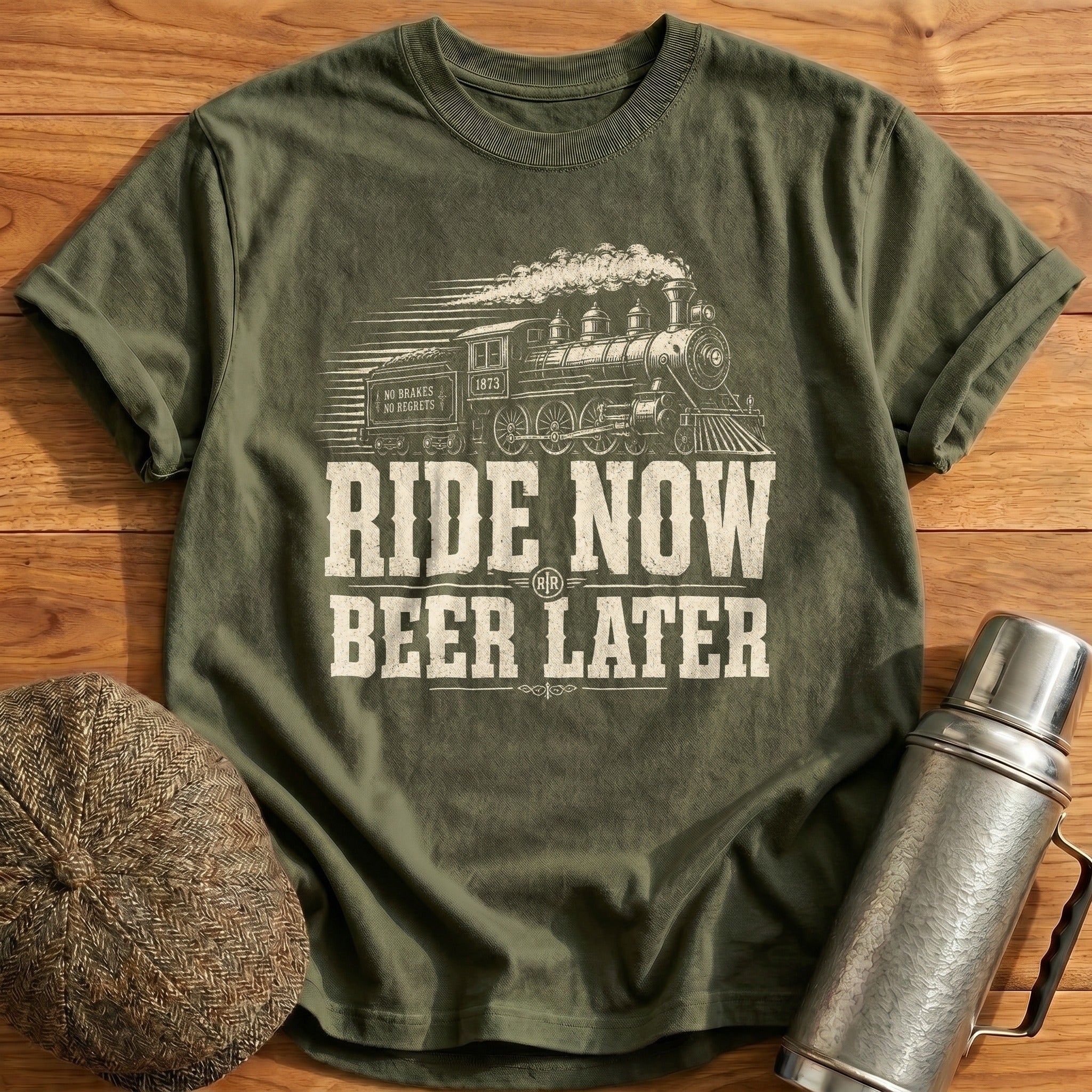 Ride Now Beer Later Train T-Shirt - Military Green