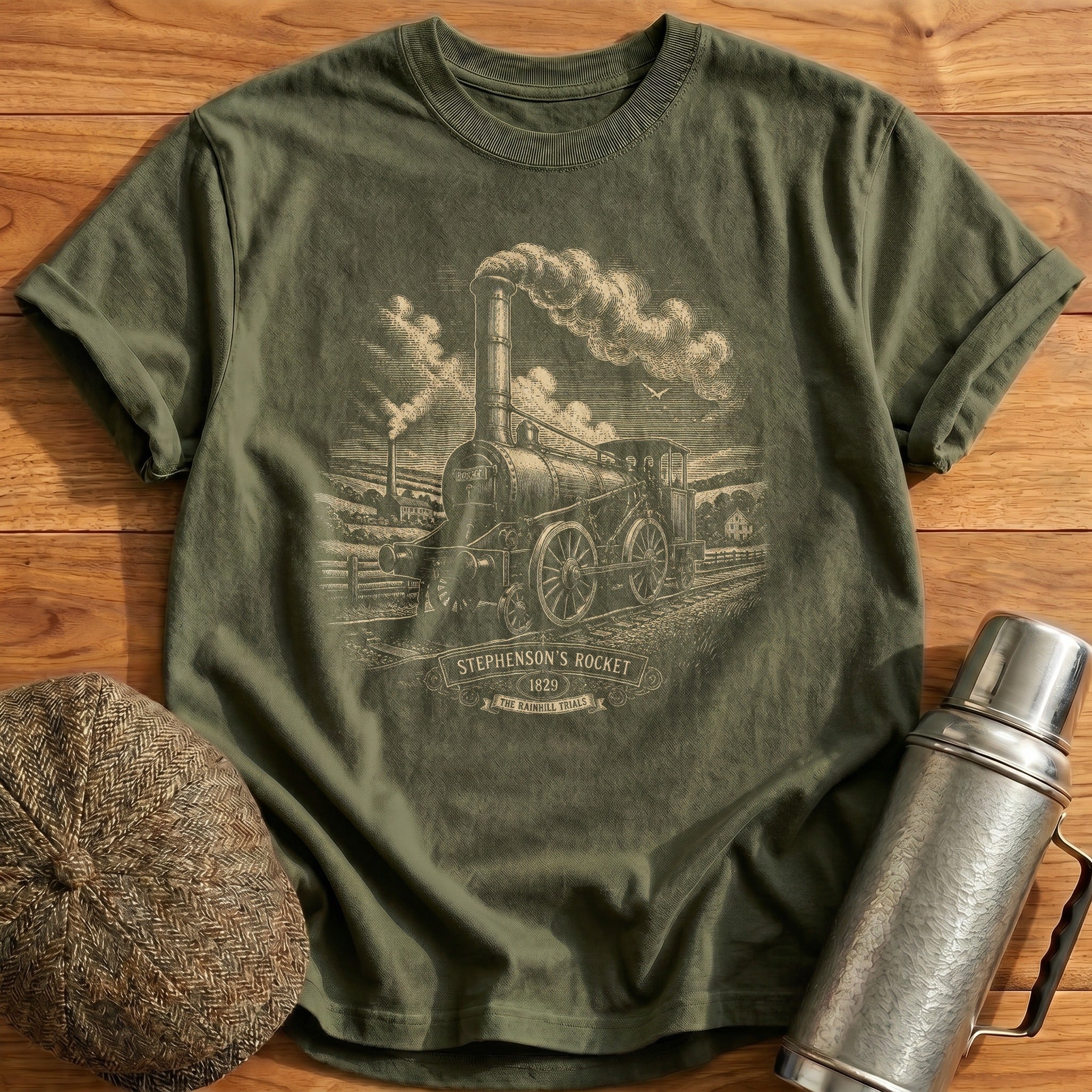 Rocket Stephenson Early Steam Locomotive T-Shirt - Military Green