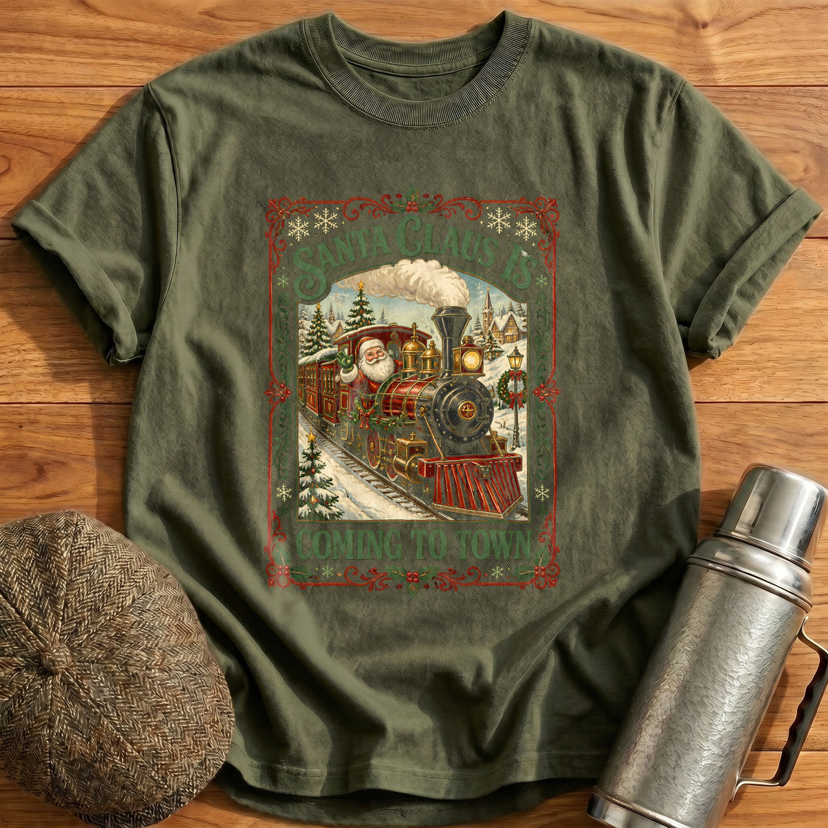 Santa Claus Is Coming To Town 93 T-Shirt - Military Green