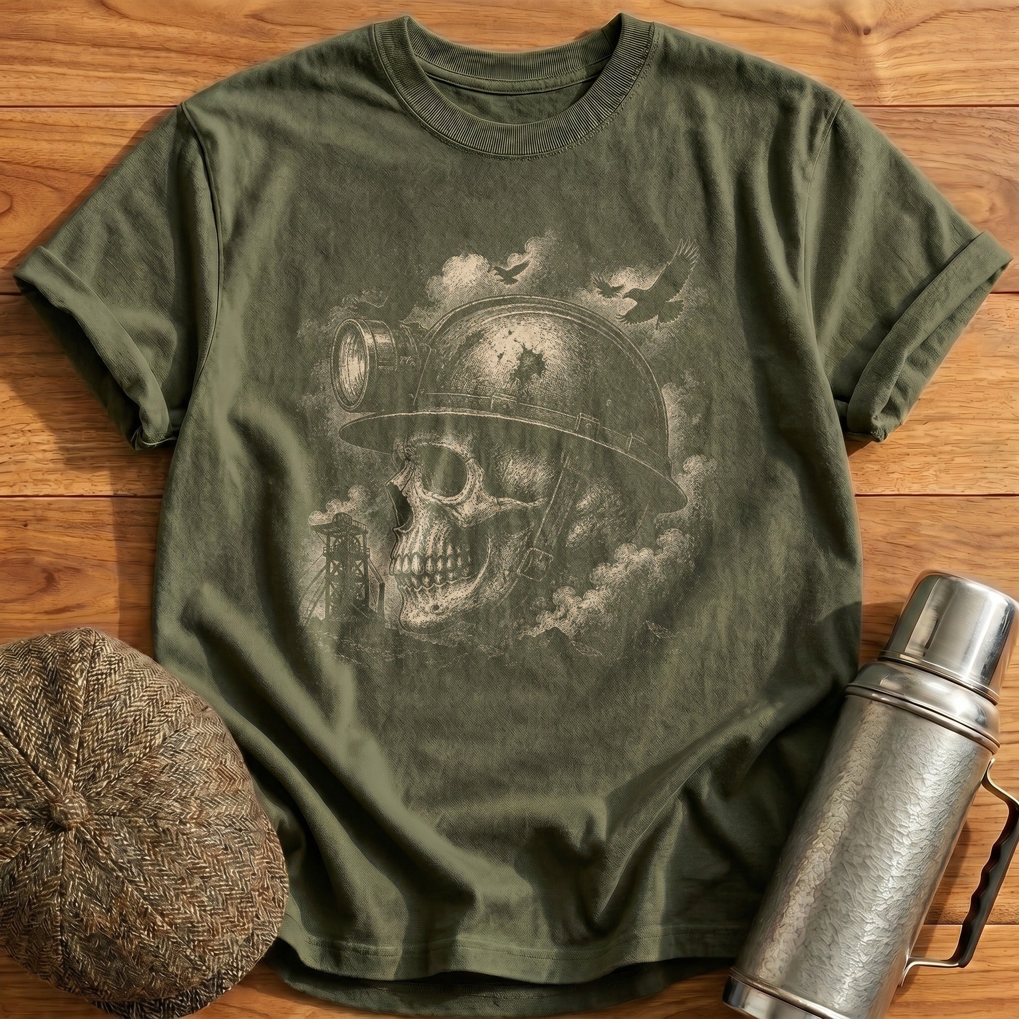 Skull Wearing Industrial Coal Miner Train Worker Helmet Side Profile T-Shirt - Military Green