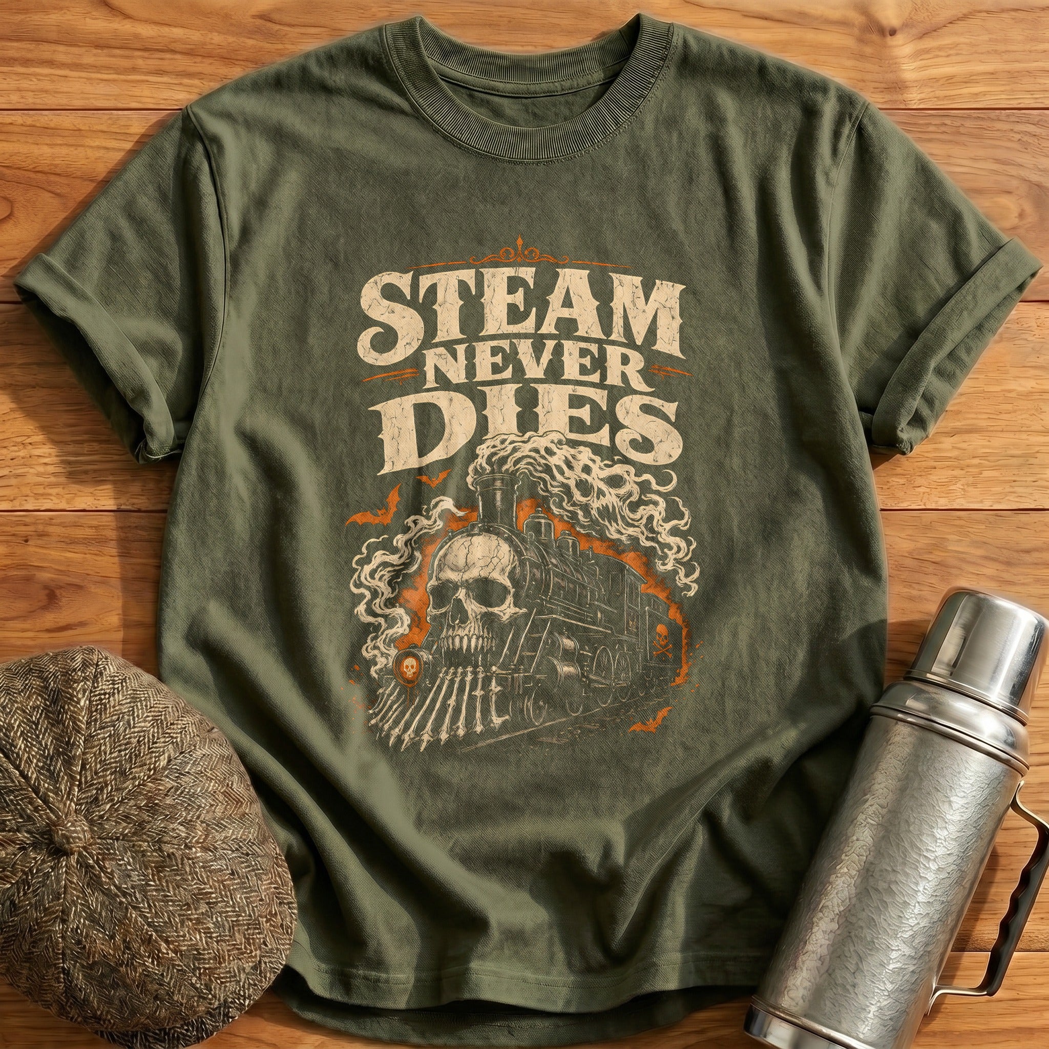 Steam Never Dies Locomotive T-Shirt - Military Green