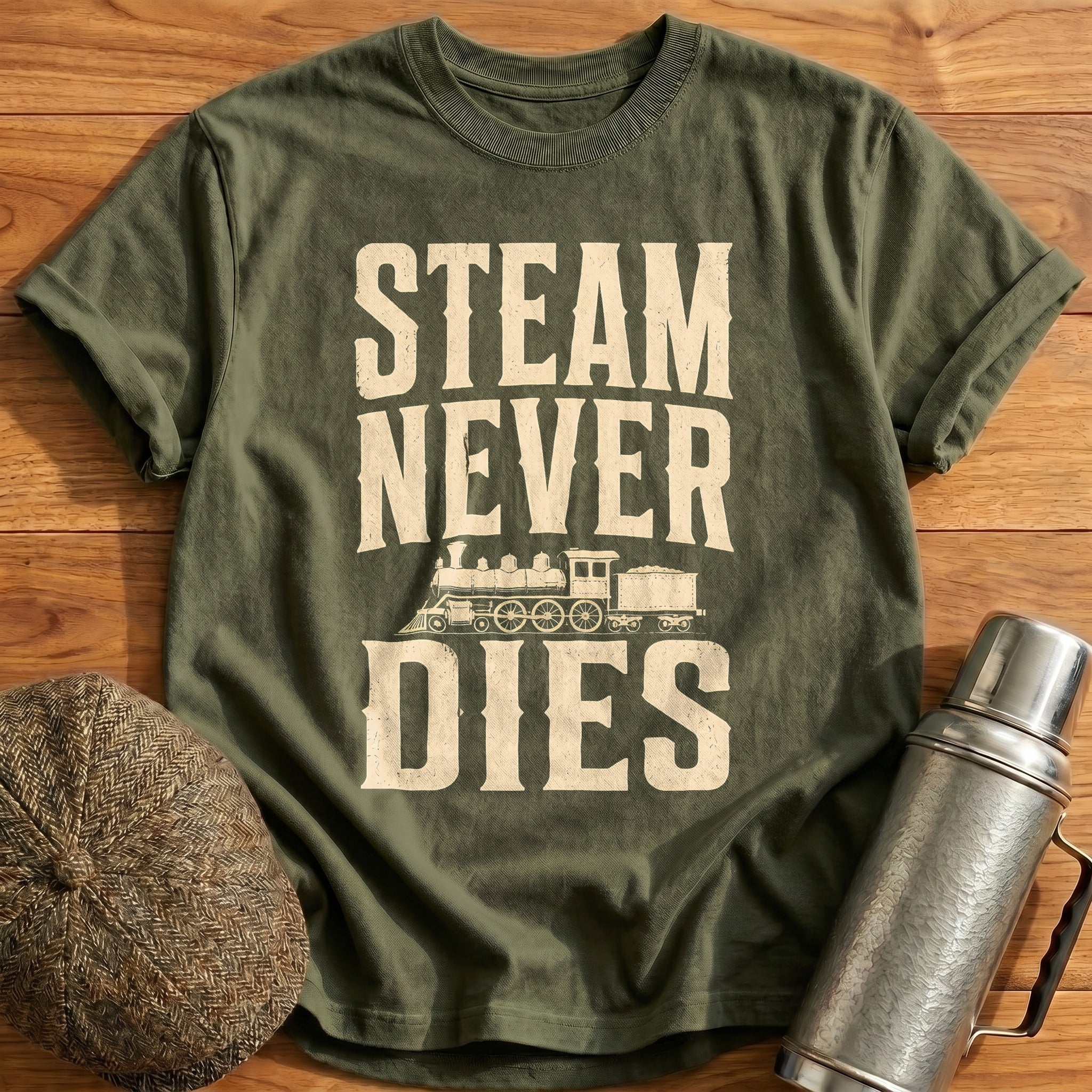 Steam Never Dies Steam Engine Train Enthusiast - Military Green