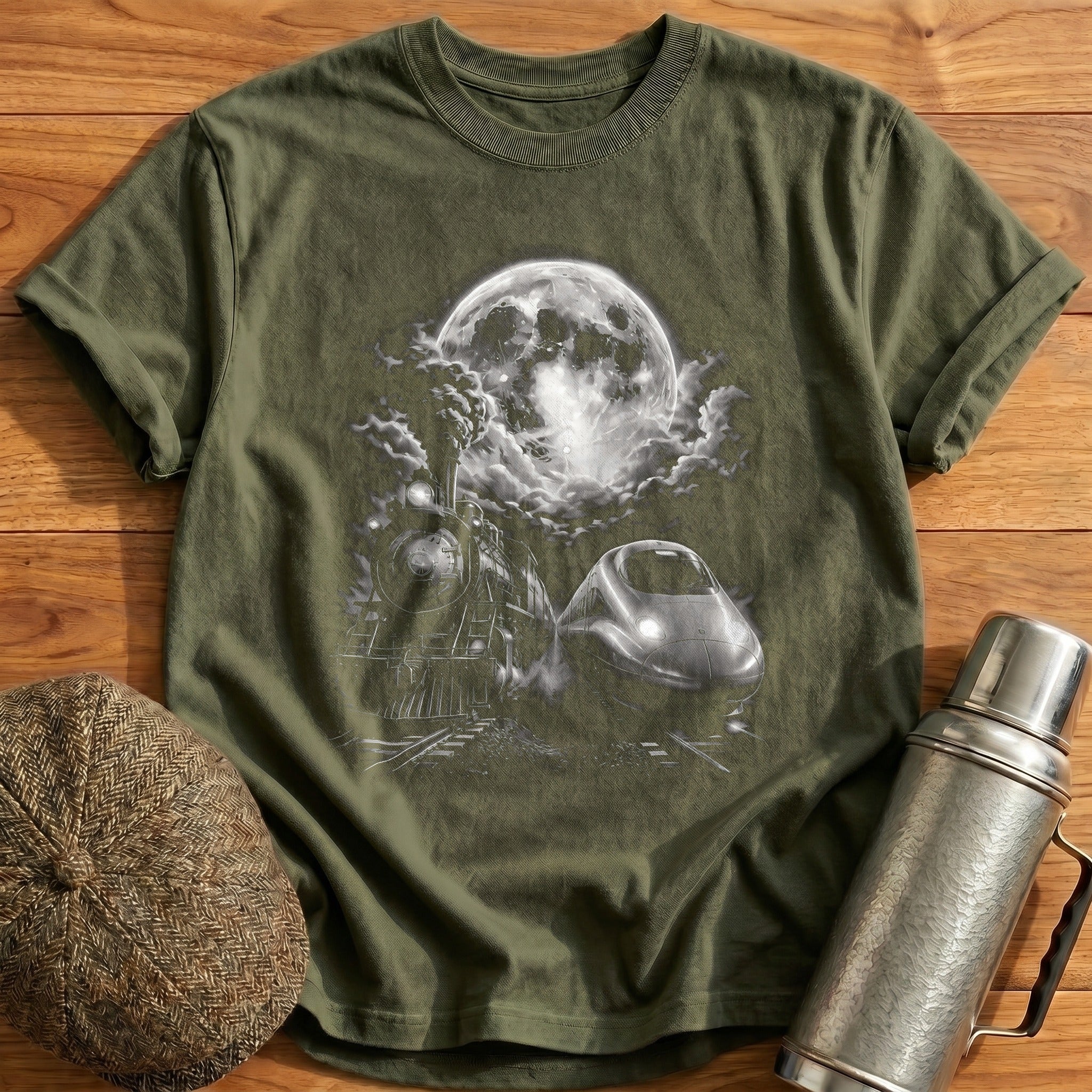 Steam Train Bullet Train Moon Night Travel - Military Green