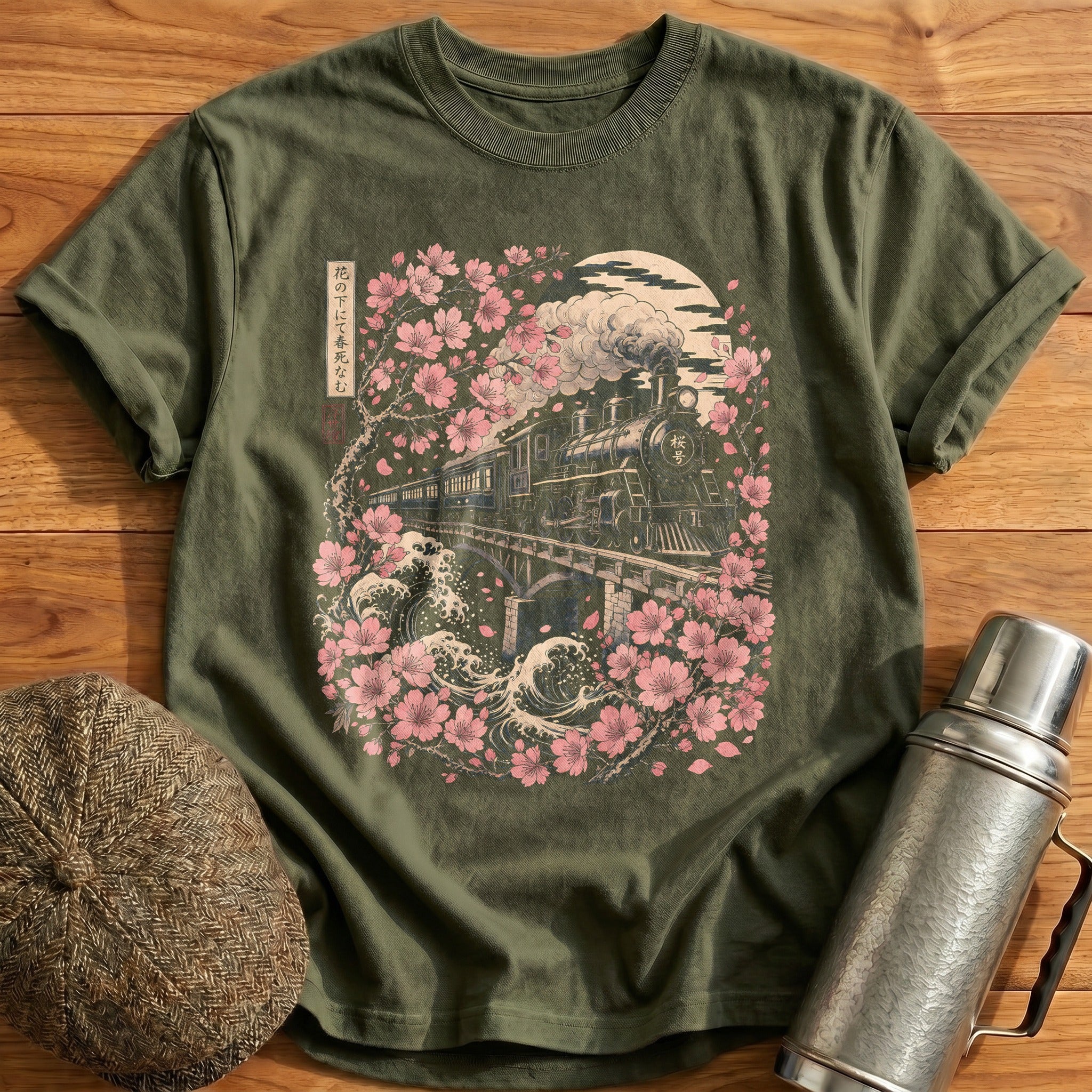 Steam Train Cherry Blossom Ukiyo E - Military Green
