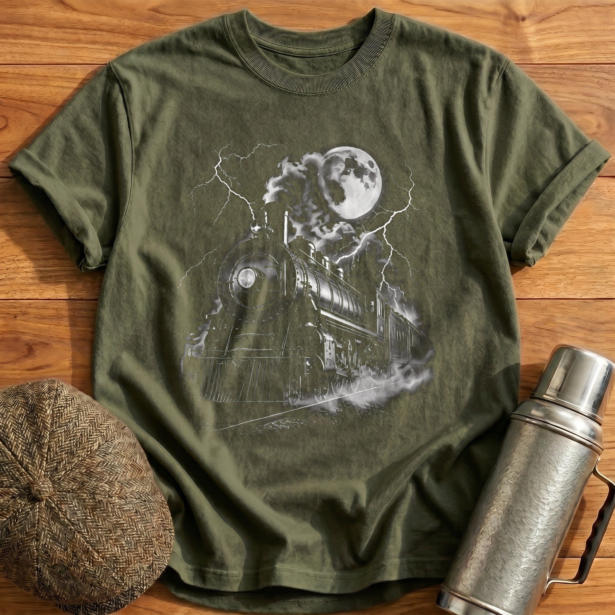 Steam Train Locomotive Moon Night - Military Green