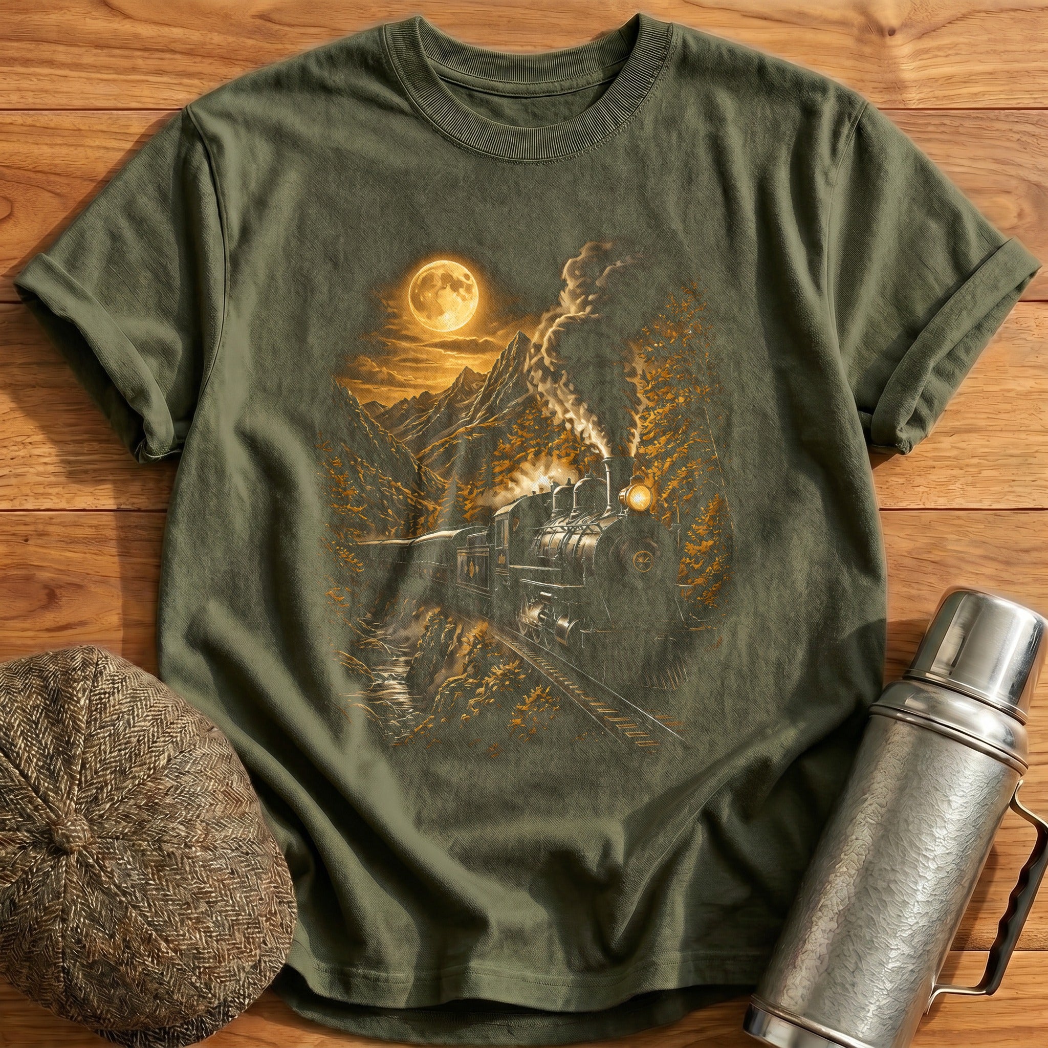 Steam Train Locomotive Mountain Night - Military Green