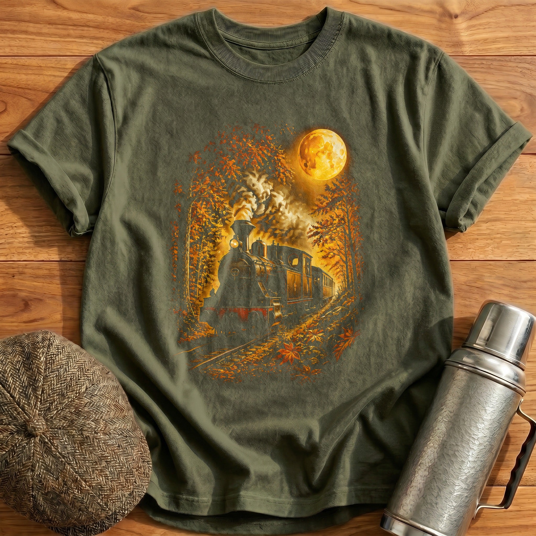Steam Train Moonlight Night Forest - Military Green