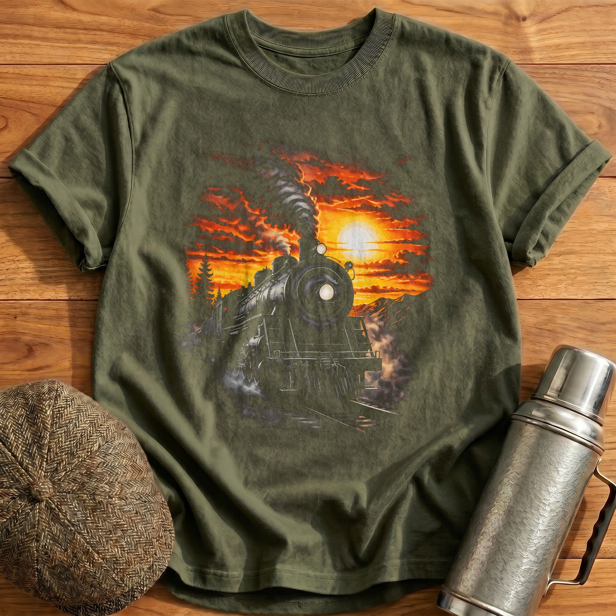 Steam Train Sunset Locomotive - Military Green