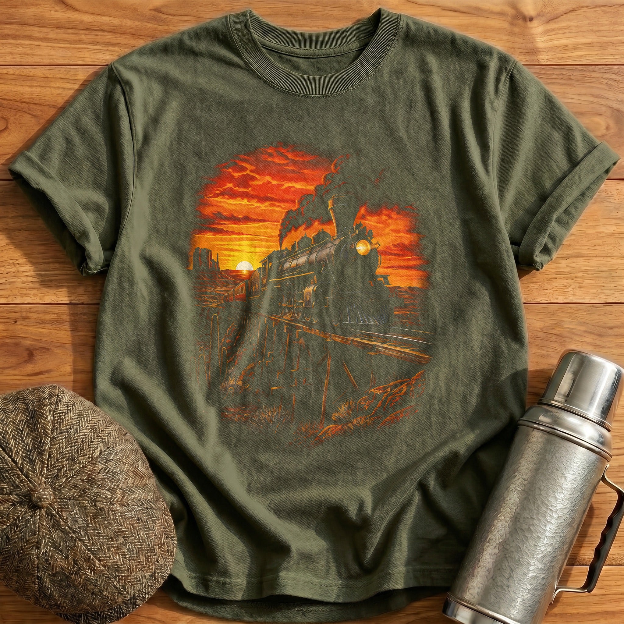 Steam Train Sunset Western Train Spotter - Military Green
