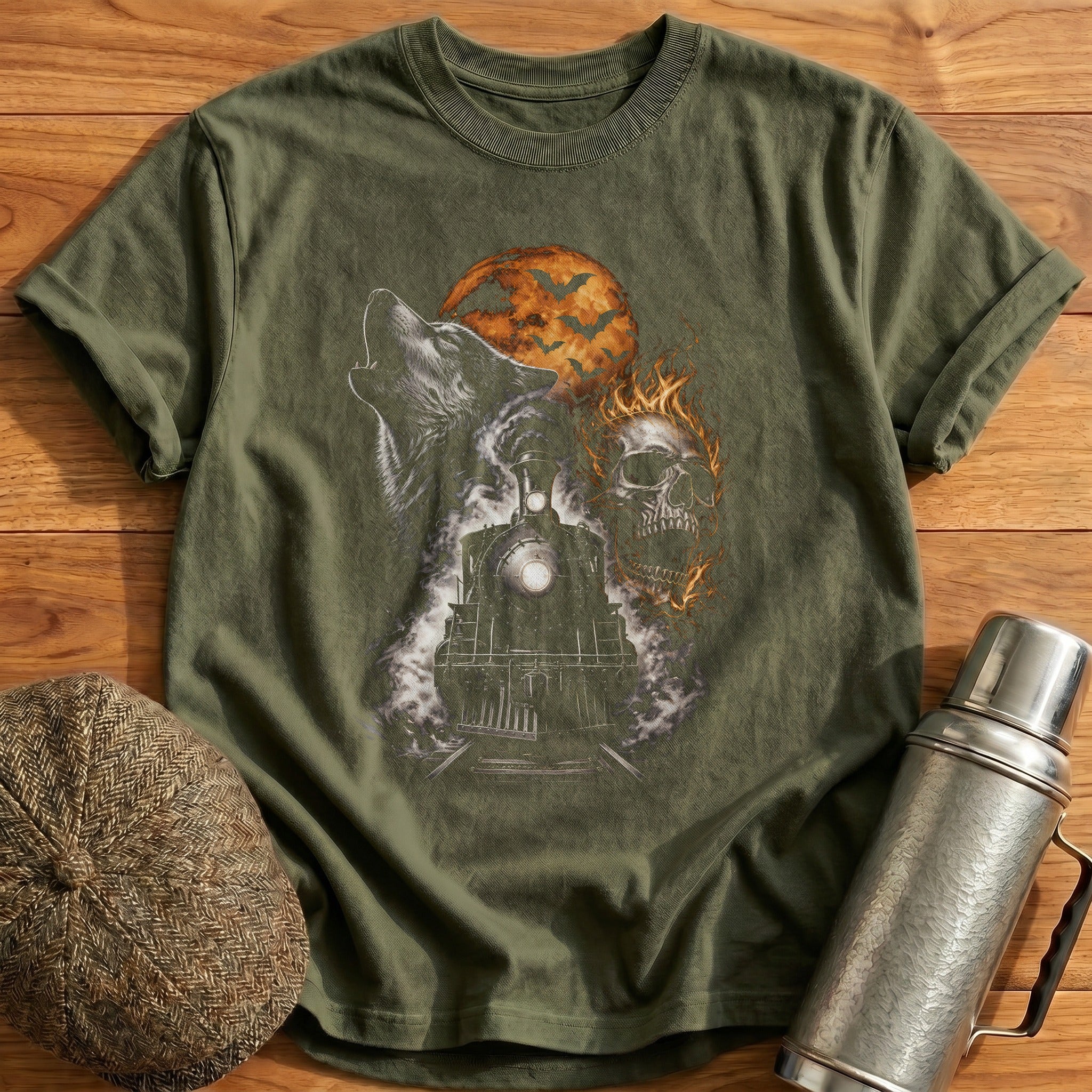 Steam Wolf Flaming Skull 91 - Military Green