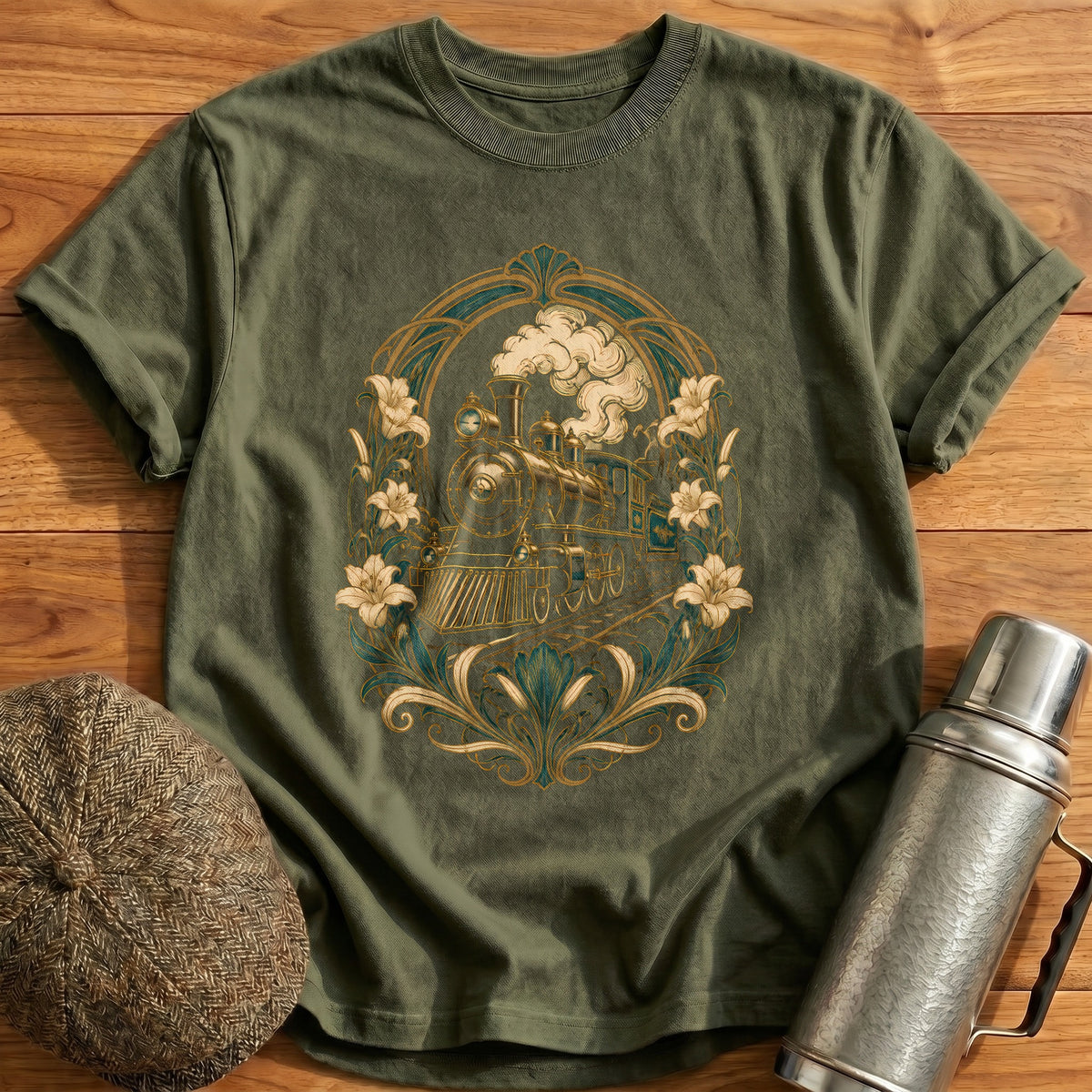 Train Art Nouveau 42 T-Shirt - Military Green