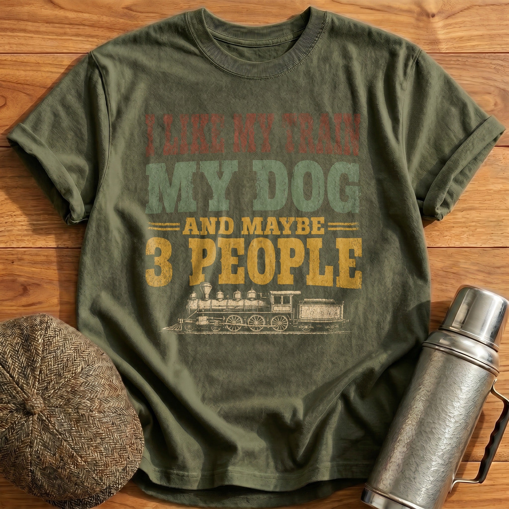 Train Dog 3 People T-Shirt - Military Green