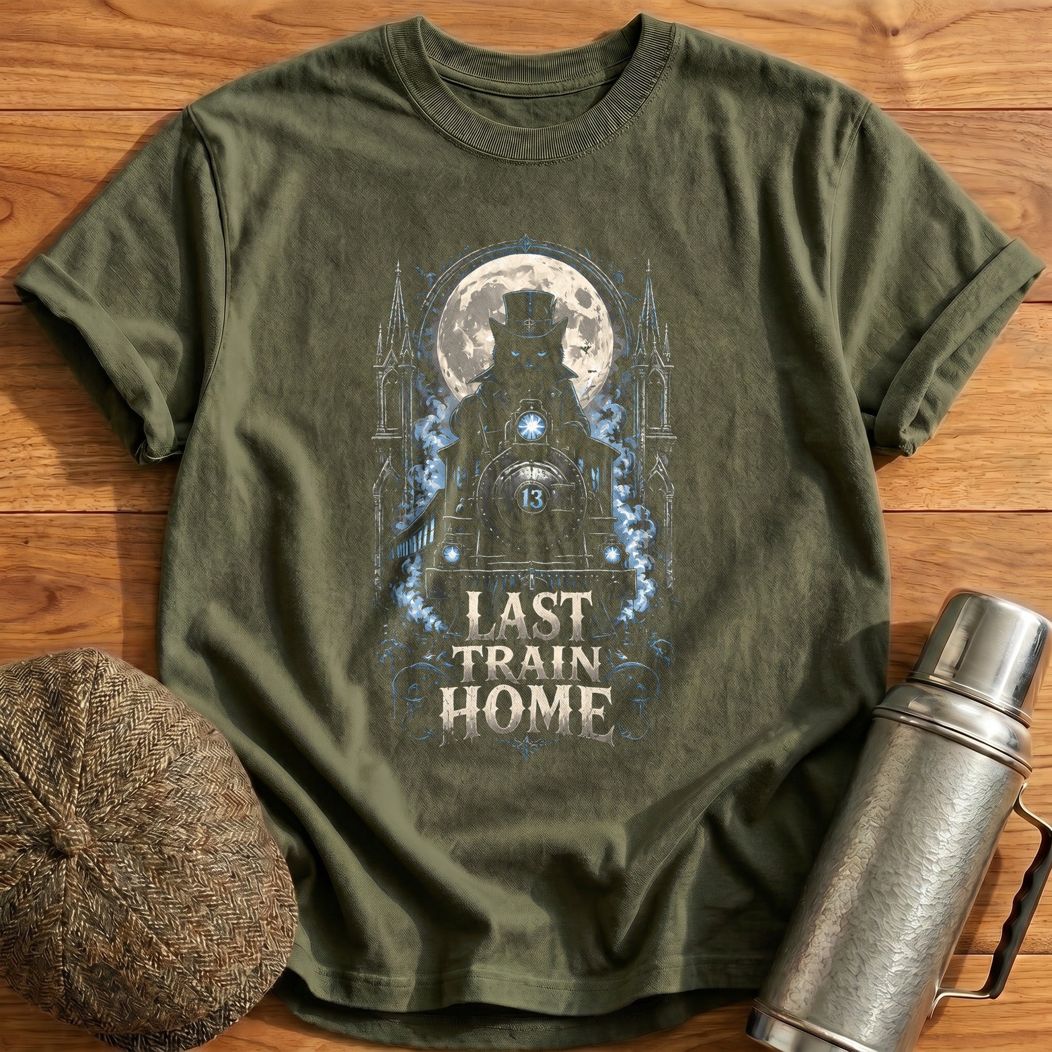 Train Home Steampunk Cat Gothic - Military Green