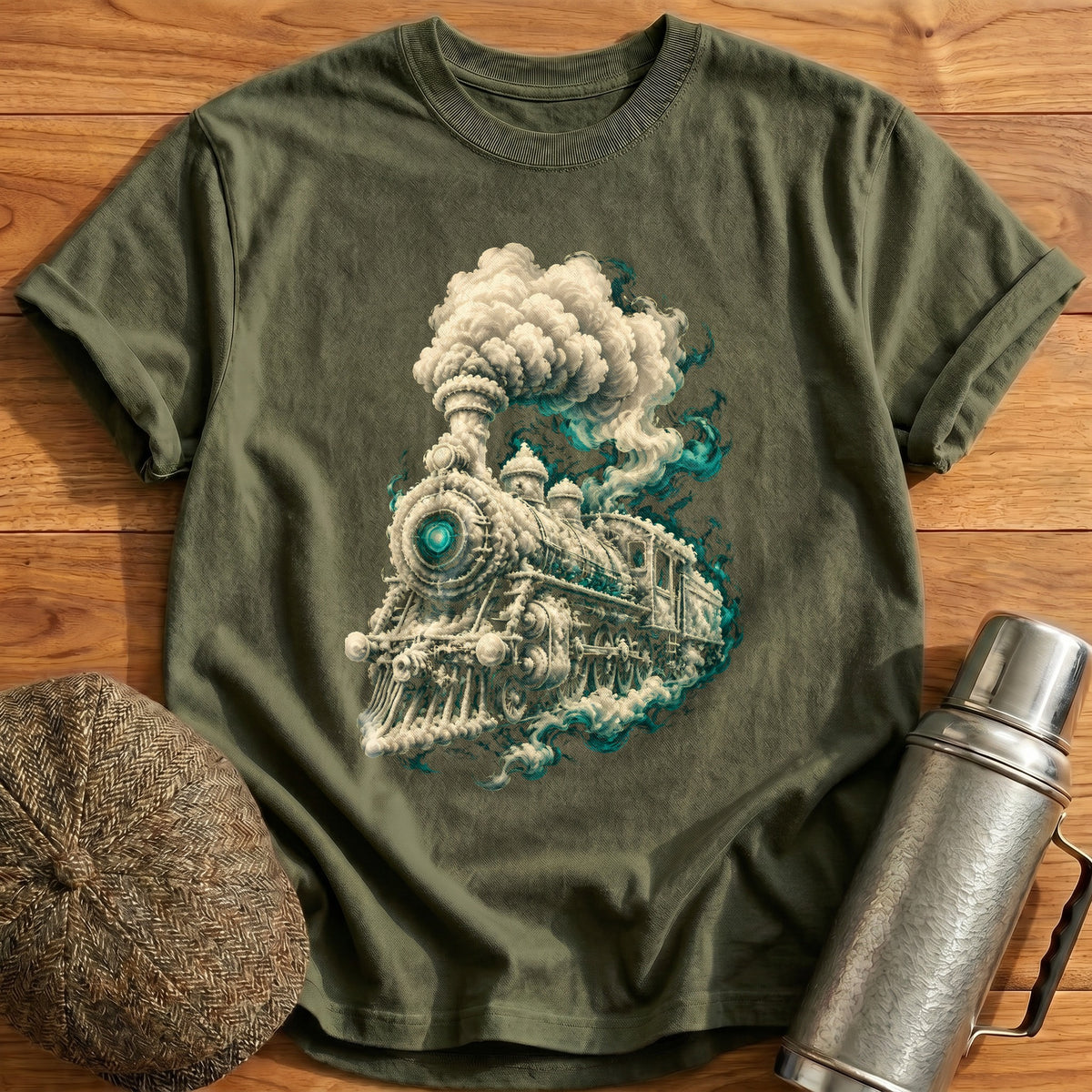 Train Smoke Surreal 57 T-Shirt - Military Green