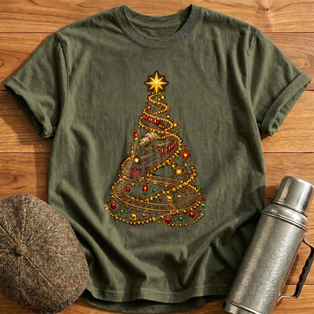 Train String Lights Tree 14 Kids T-Shirt - Military Green