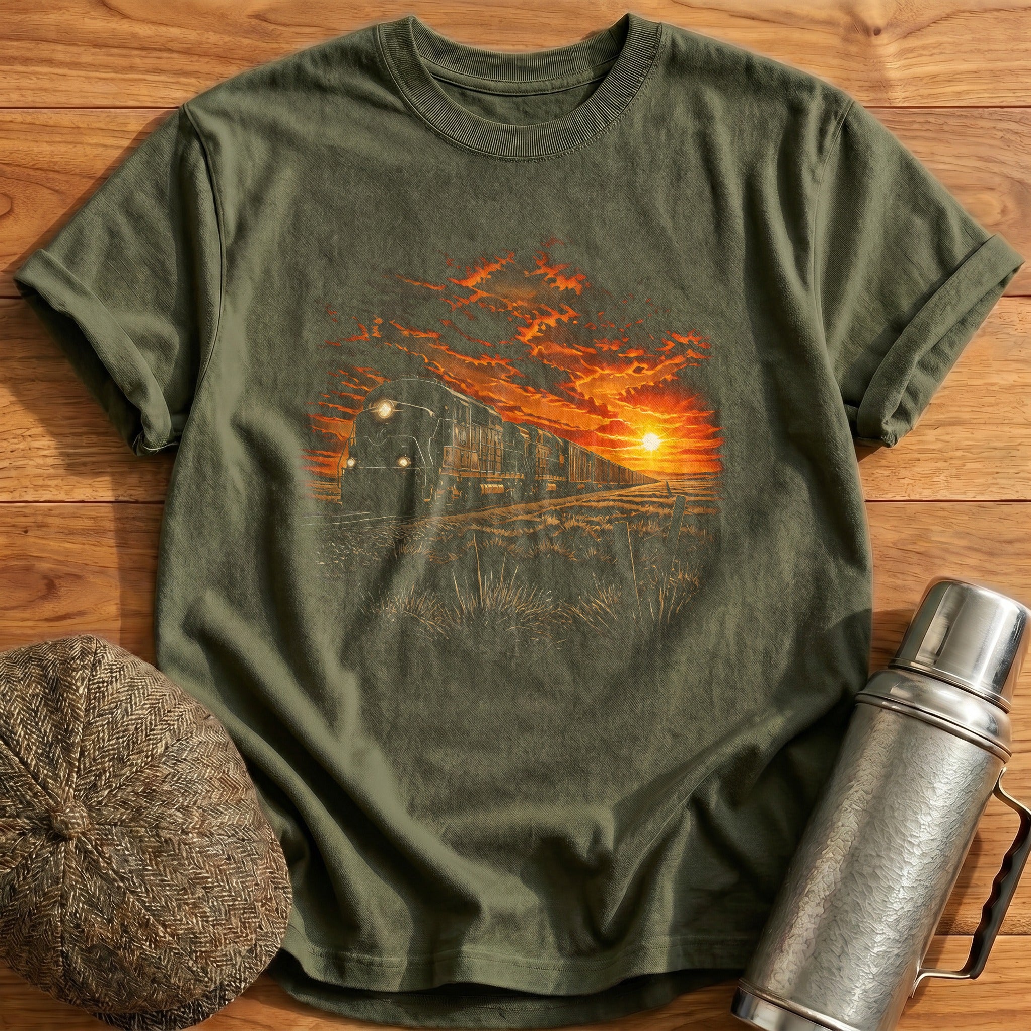 Train Sunset Railroad Enthusiast - Military Green