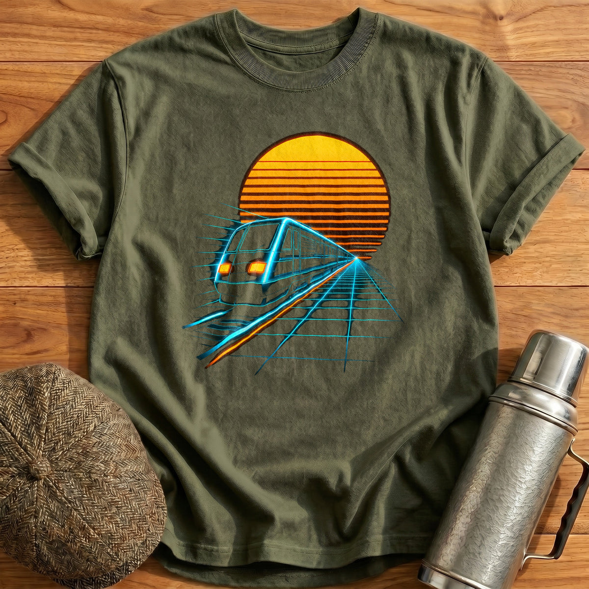 Train Synthwave 18 T-Shirt - Military Green