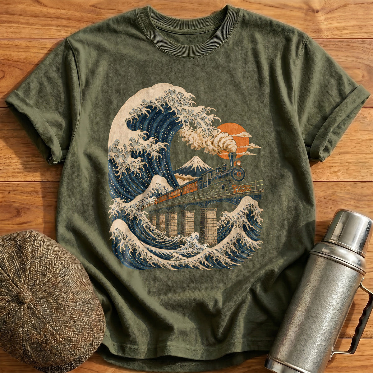 Train Wave Ukiyoe 96 T-Shirt - Military Green