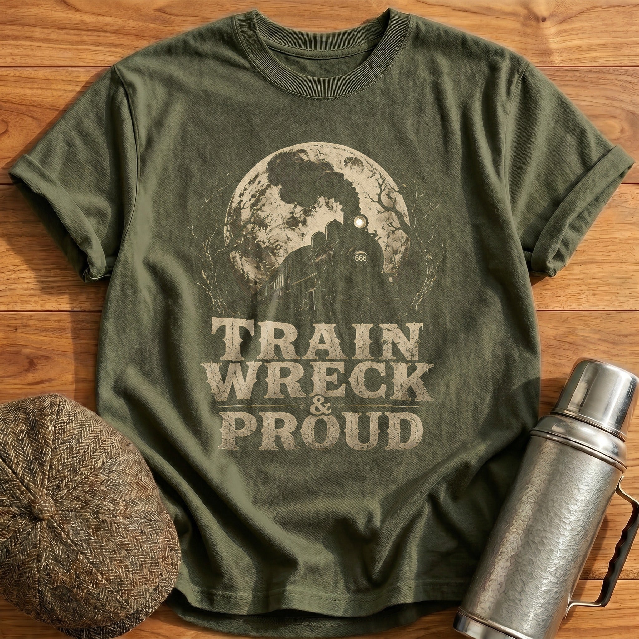Train Wreck And Proud Locomotive Gothic Funny - Military Green