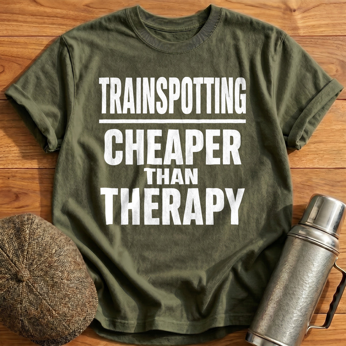 Trainspotting Cheaper Than Therapy 34 T-Shirt - Military Green